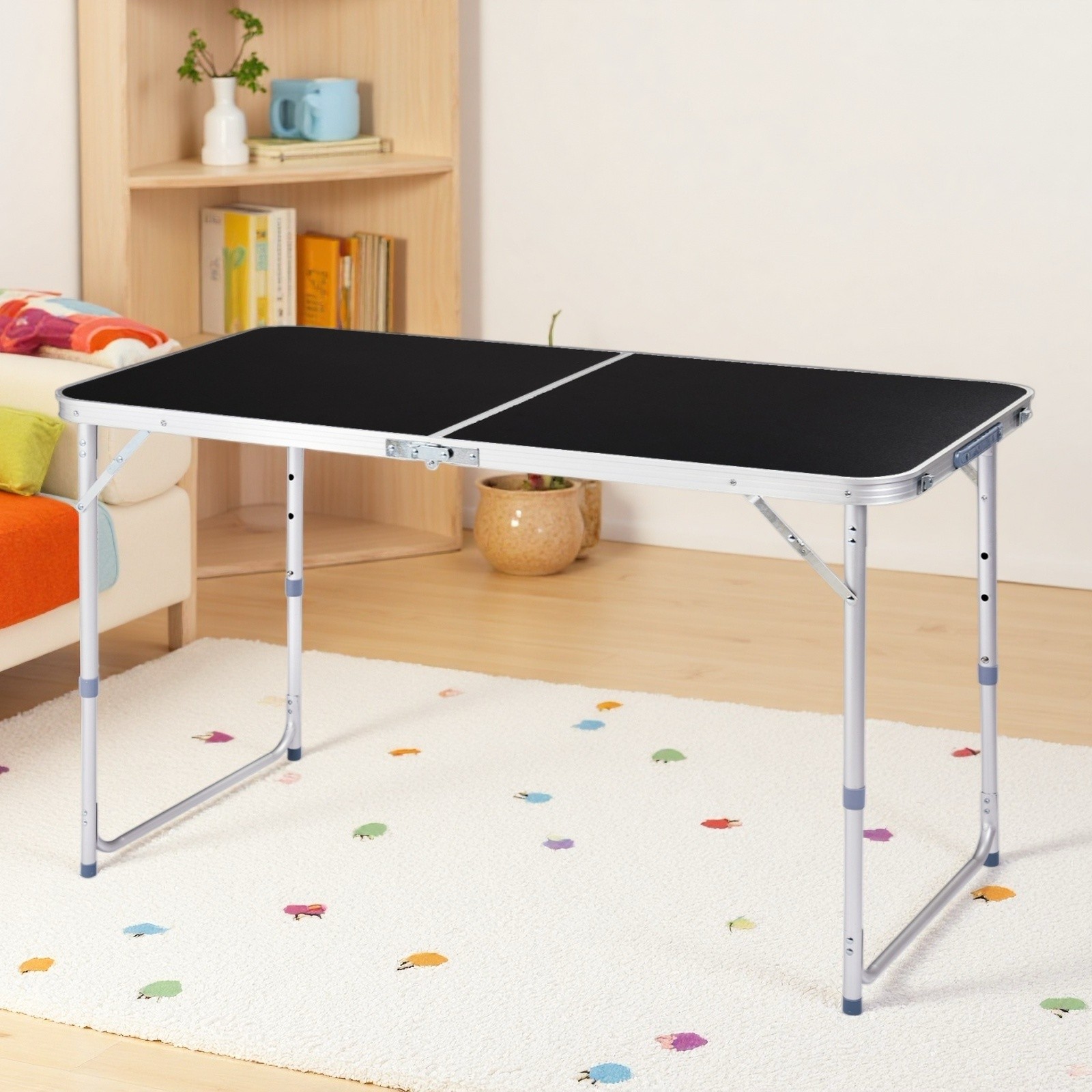 Folding Camping Table 4ft - Adjustable Patio Aluminum Frame Outdoor Picnic Black