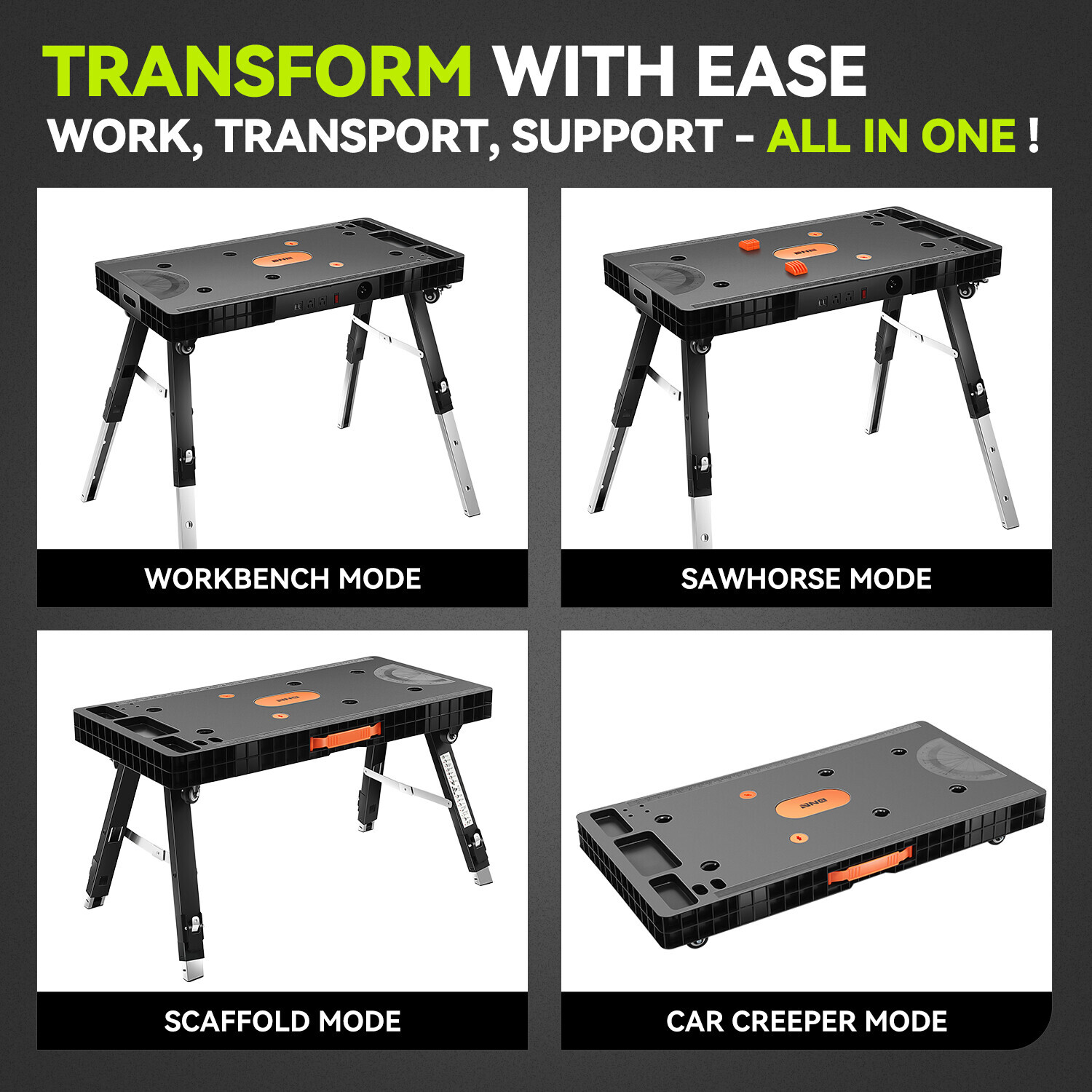 Adjustable Work Height 20.5''/26''/31.5'' 5-In-1 Folding Workbench w/ 4 Wheels