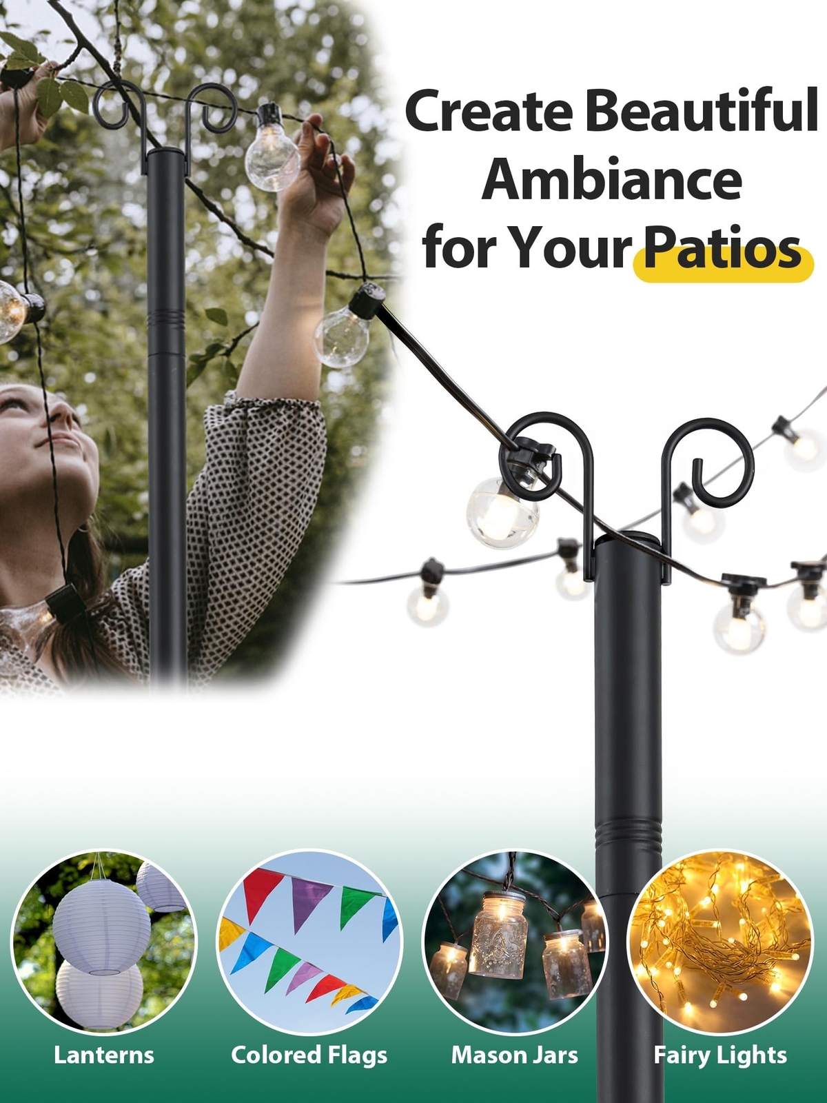 2-Pack Adjustable String Light Poles, 12.6 FT Light Poles for Outside Patio H...