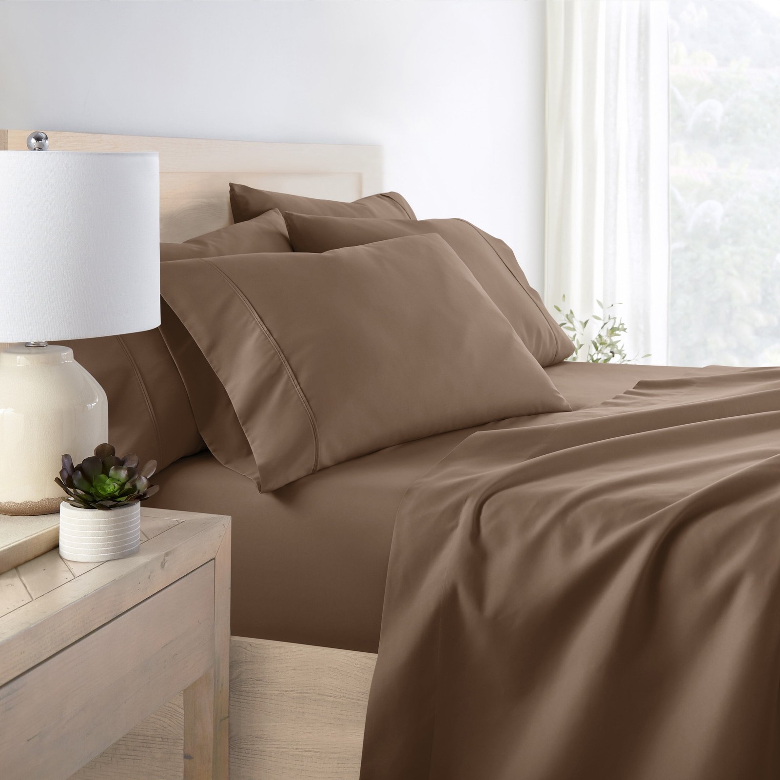 6 Piece Bed Sheet Set Full Taupe W/ Microfiber & Hypoallergenic Deep Pockets