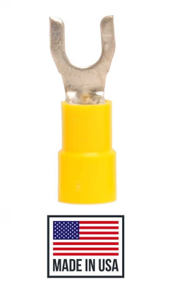 (100) Pcs Vinyl Yellow Spade Fork Terminals 12-10 Gauge Wire #8 Stud 10-12  USA