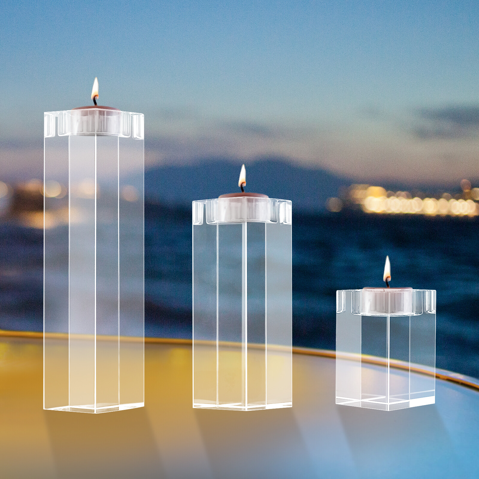 Set of 3 Glass Candle Holder, Crystal Clear Pillar Candle Stand 1.97"Square