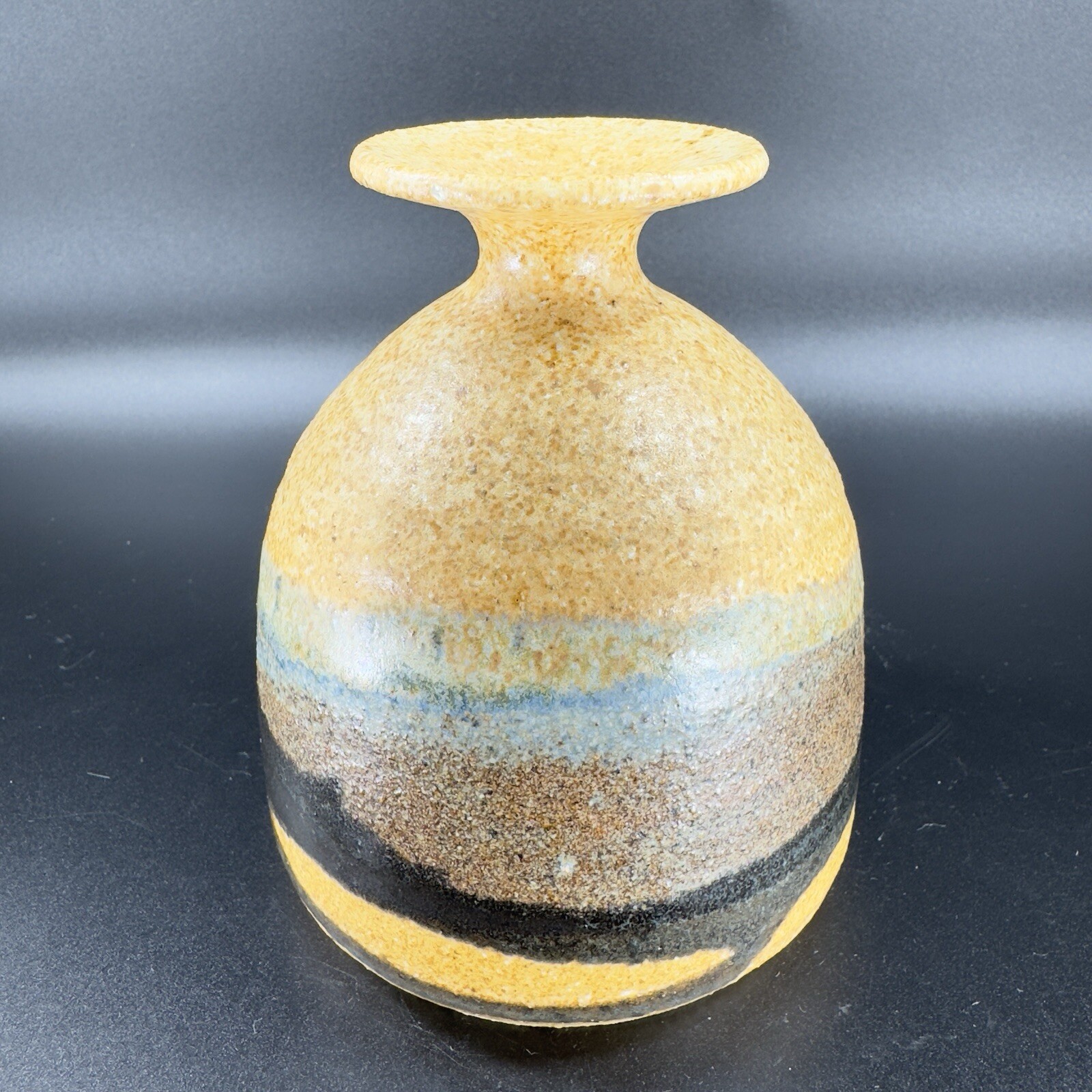 Hand Made Studio Art Pottery Stoneware Vase Vessel Brown Multicolor Lines Signed