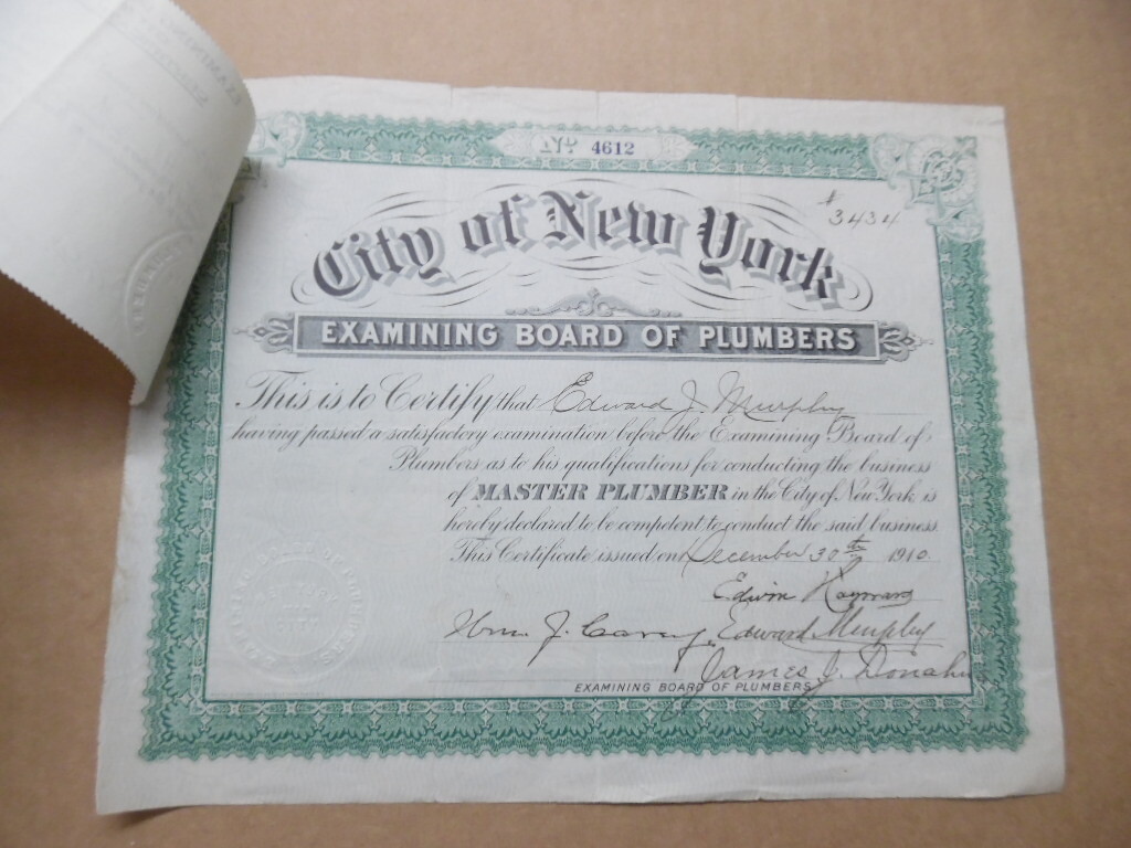 1910 Master Plumber New York City Examining Board Certificate Antique Original