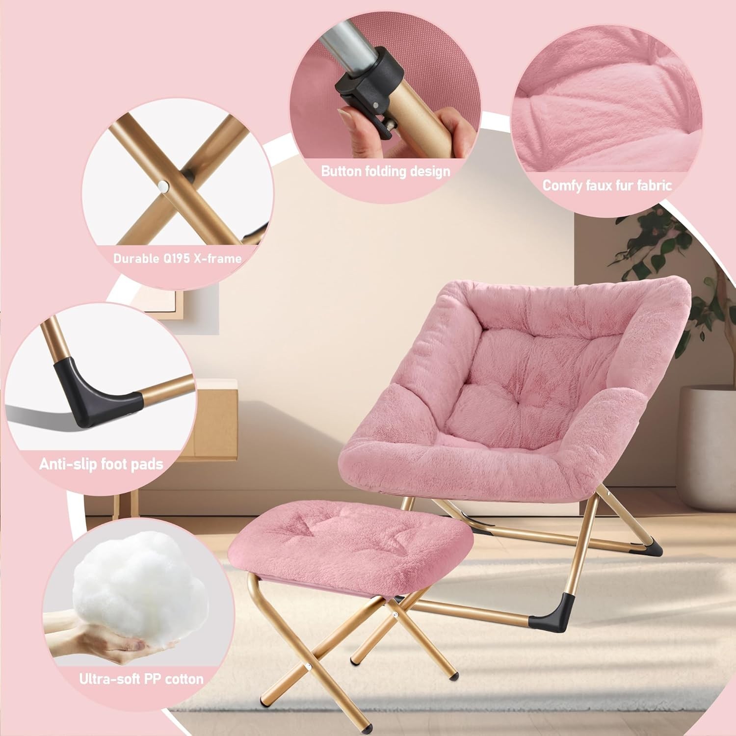 Foldable Oversized Reading Chair with Ottoman, Non-Slip Pad & Cozy Faux Fur