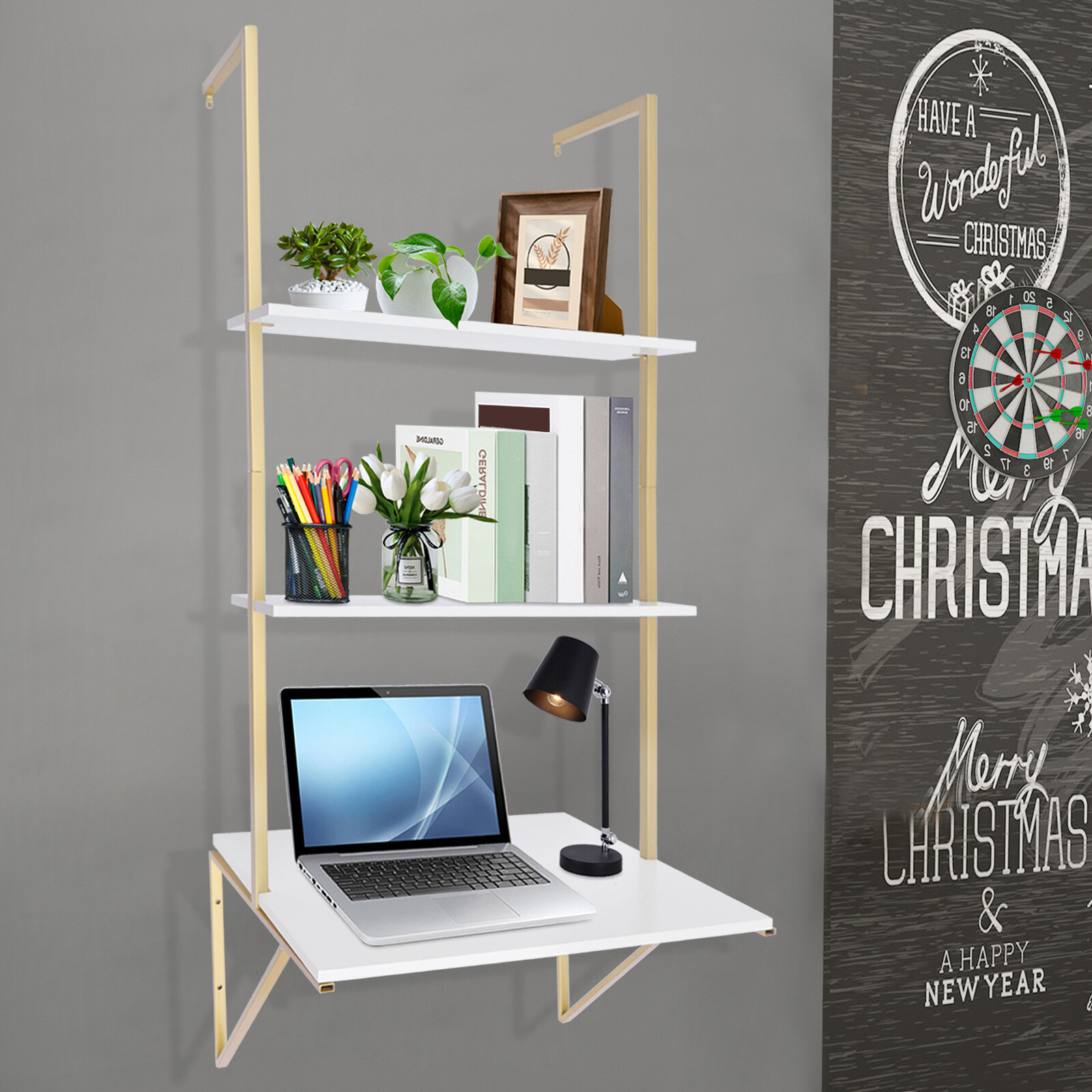 3 Layers Ladder Desk Computer Writing Table Floating Shelves Laptop Display Rack