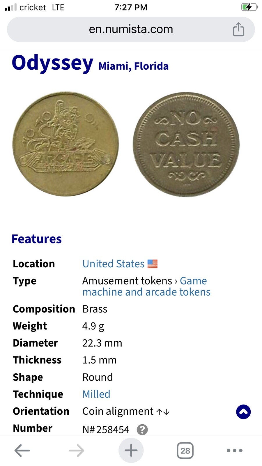 Arcade Token - Arcade Odyssey - Miami, Florida