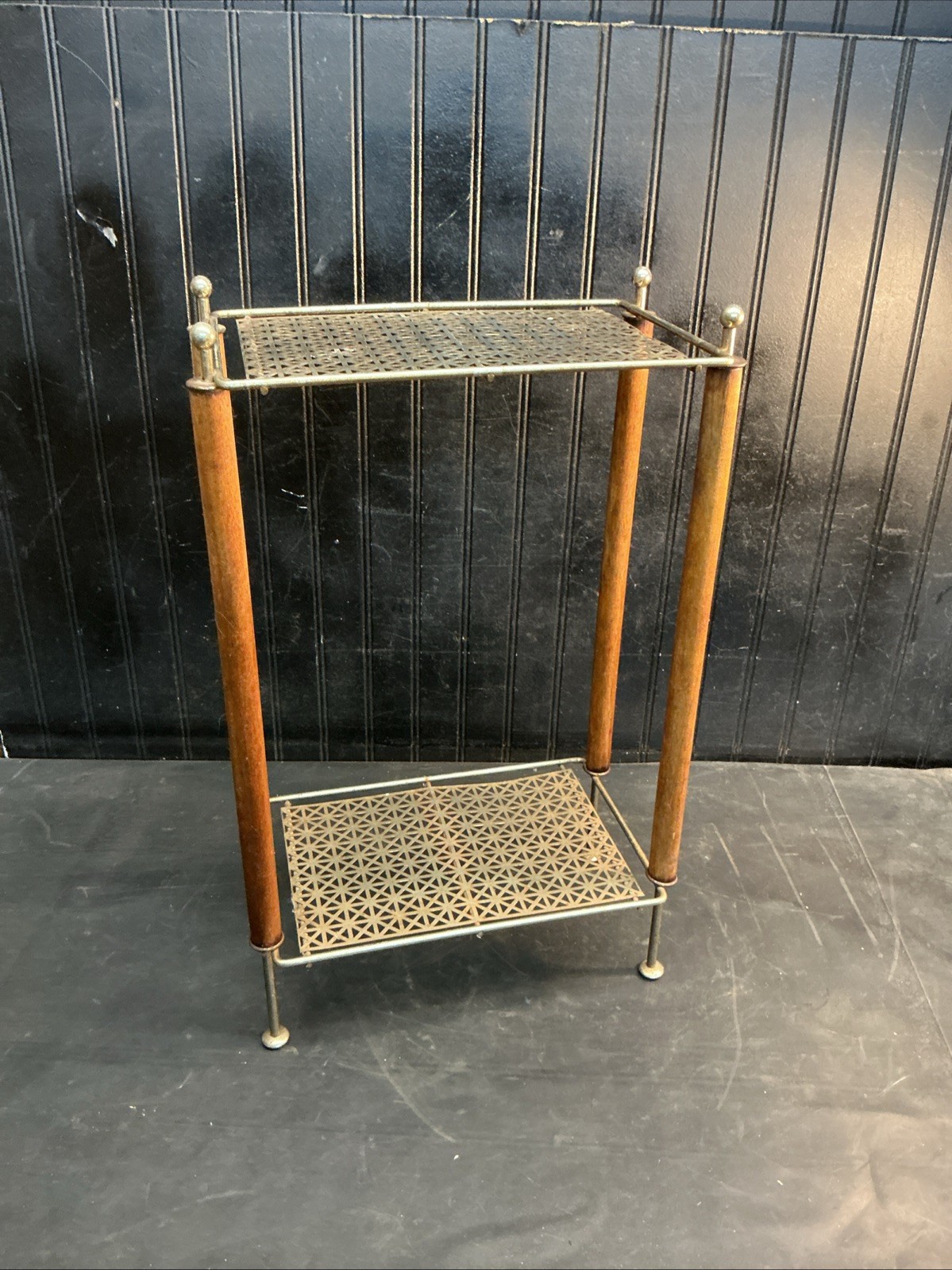 VTG MCM Metal Roman Grille Brass & Wood Table - Atomic Telephone Stand 21”x8”x13