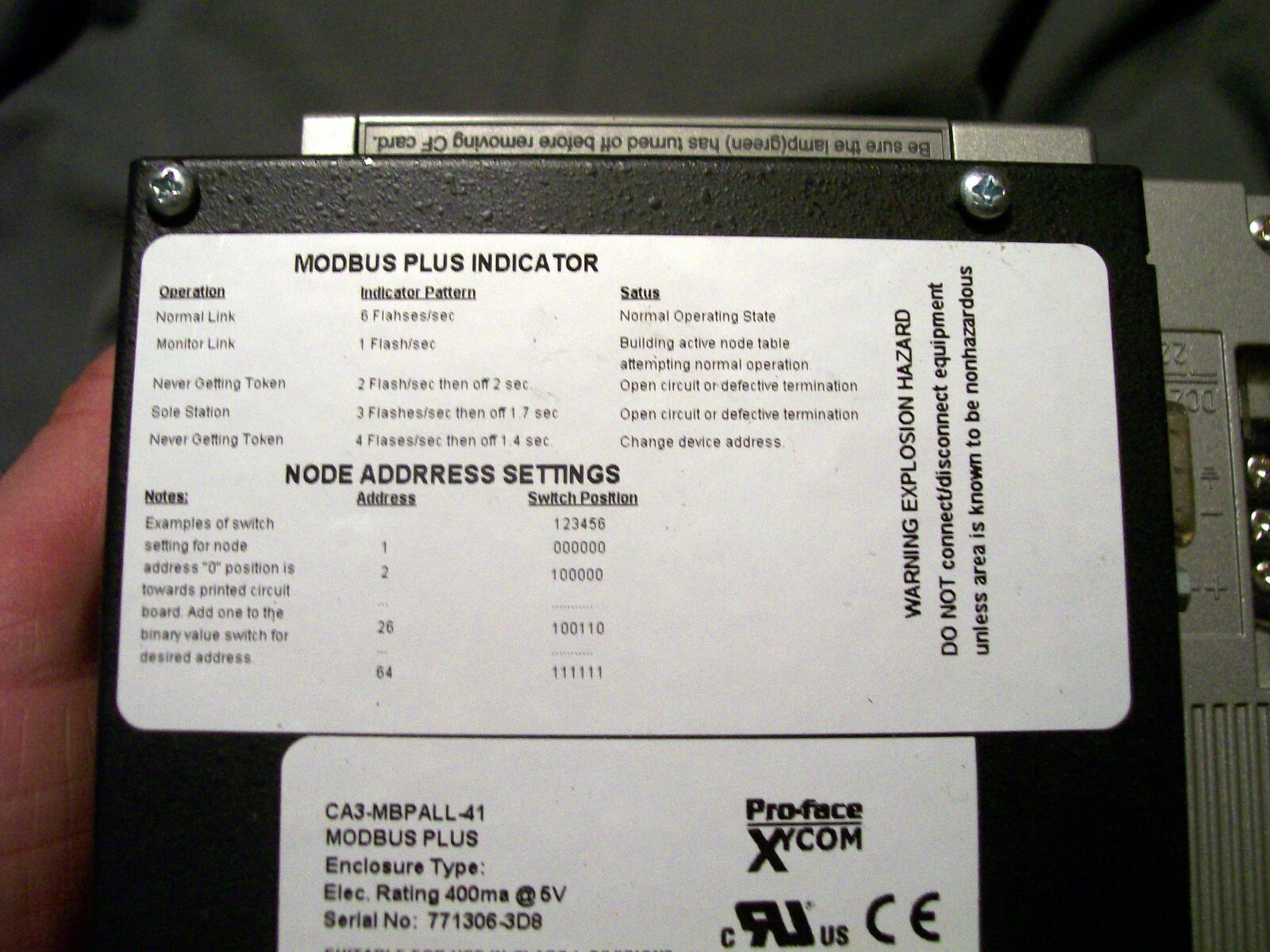 PRO-FASE XYCOM MODBUS PLUS INDICATOR CA3-MBPALL-41