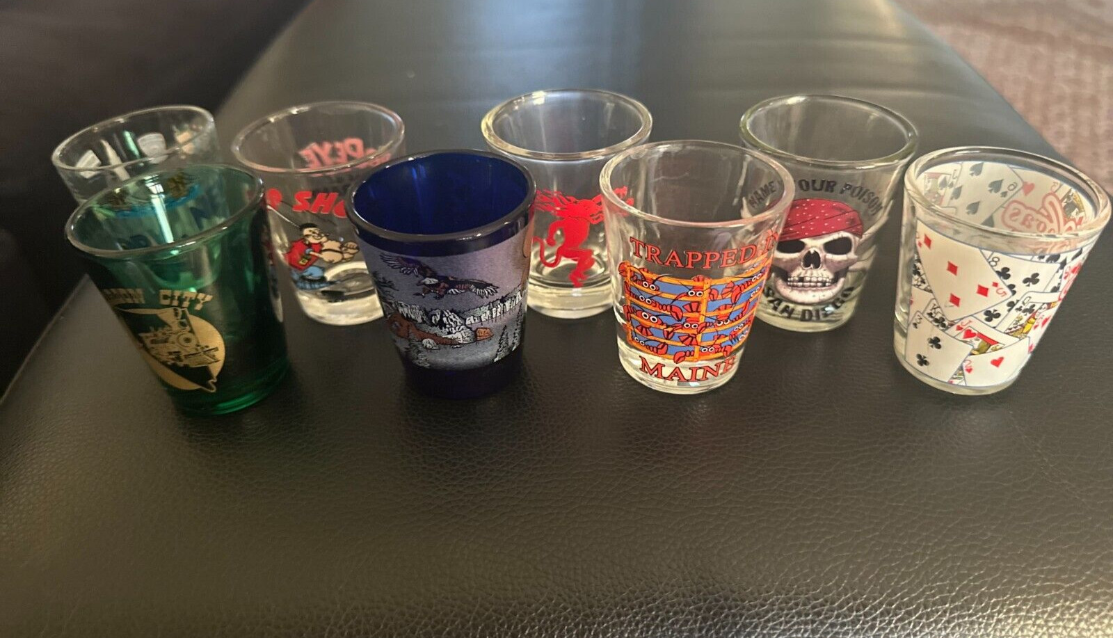 8 Vintage US Travel Souvenir Shot Glasses– CA, AK , NV, ME , NY , Fireball, MGM