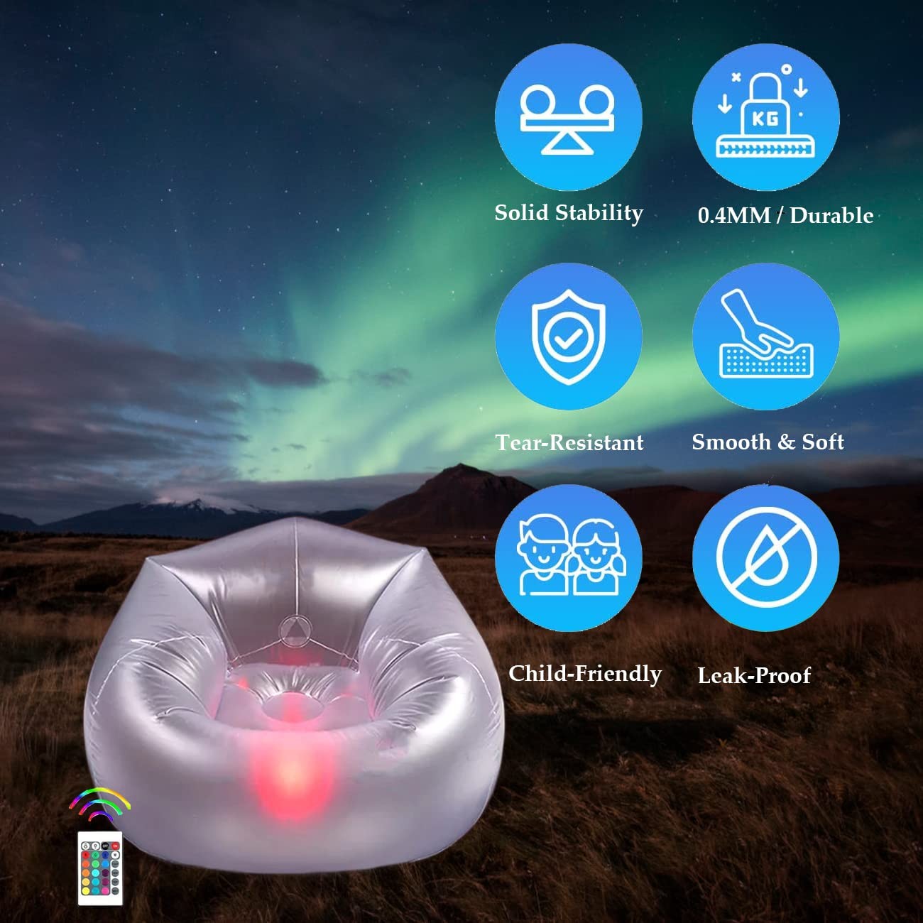 Balabulala Inflatable LED Couch for Kids,Illuminated Blow Single Size, White