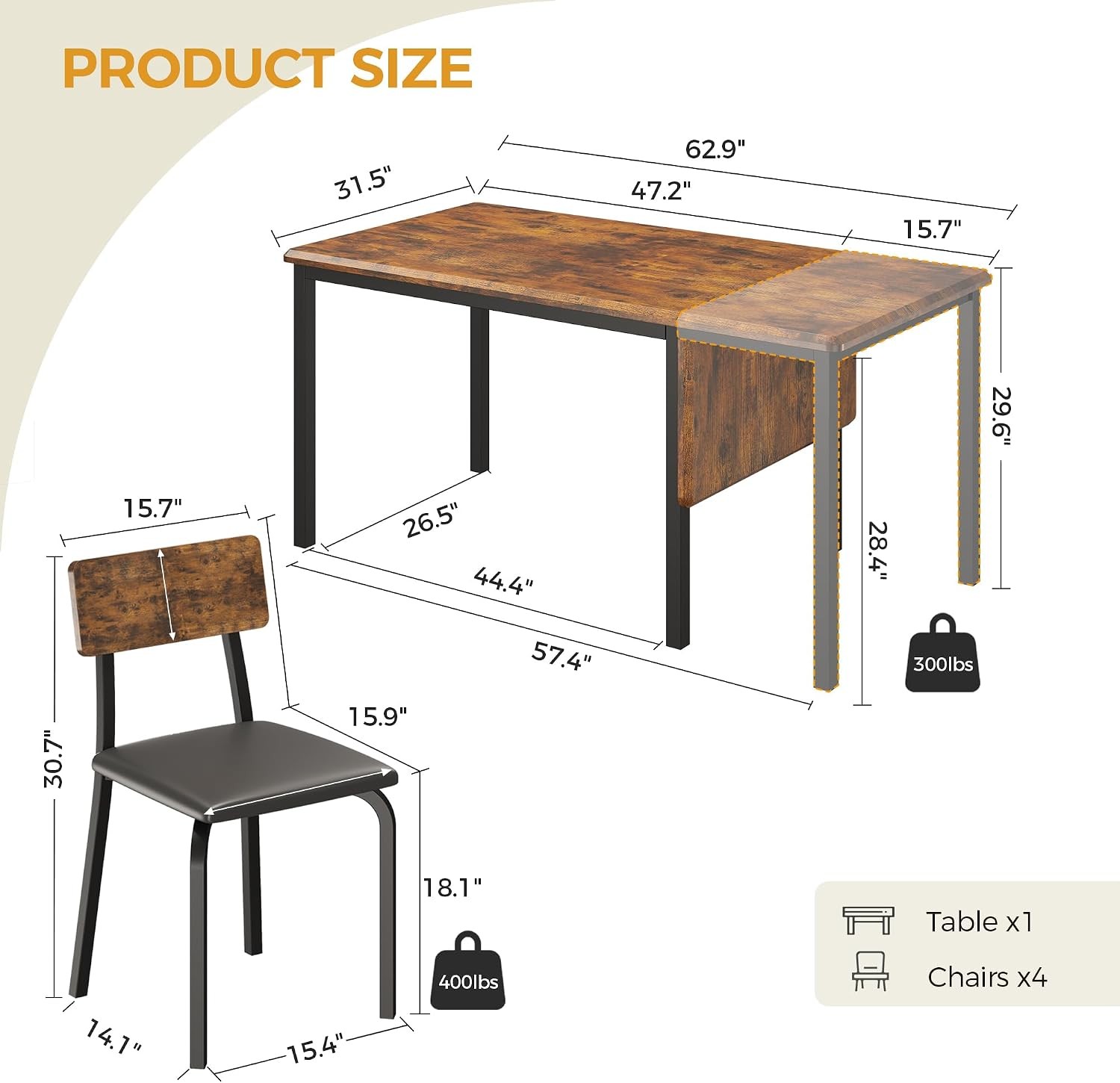 5-Piece 63" Extendable Dining Table W/ 4 Upholstered Chairs Kitchen Table Set