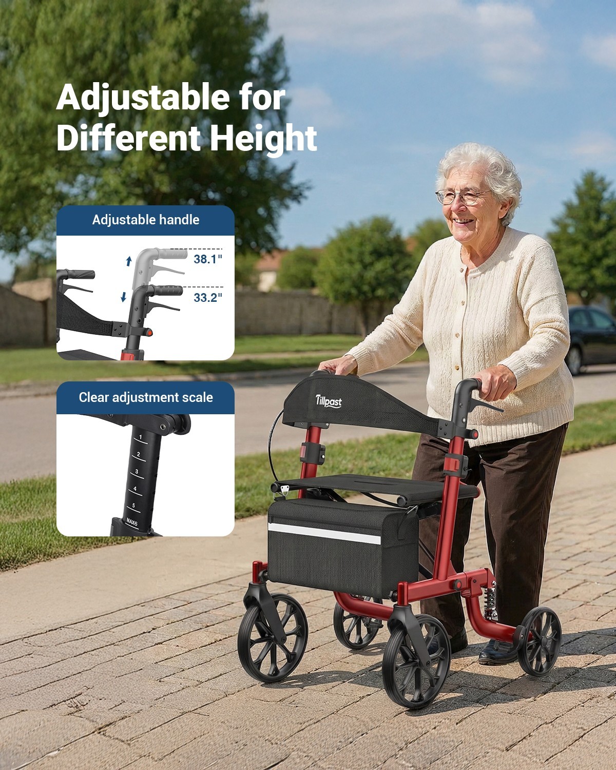 Lightweight Folding Rollator Walker with Seat for Seniors Adjustable Height350lb