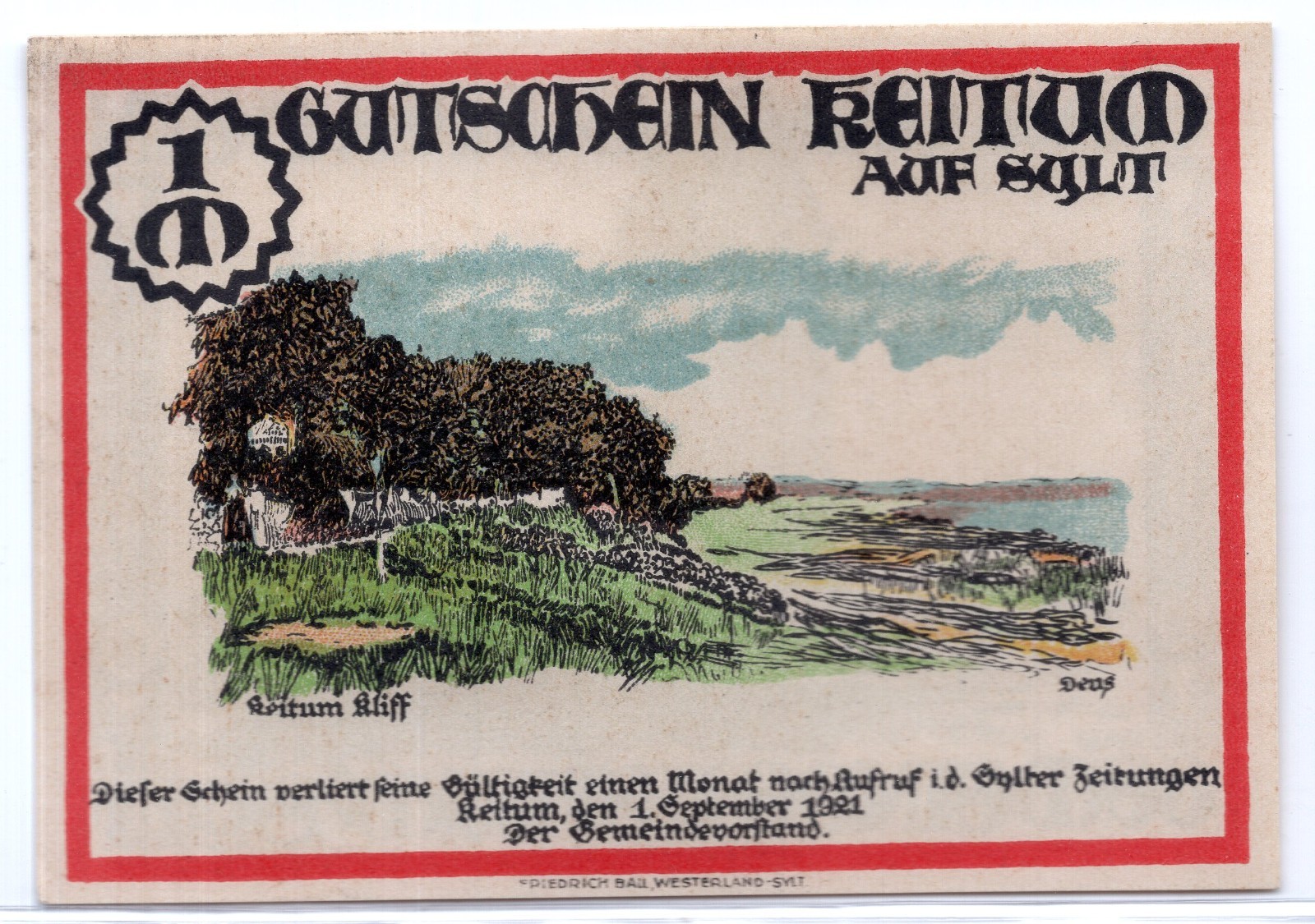 1921 Germany Keitum Notgeld 1 Mark Note (3748)