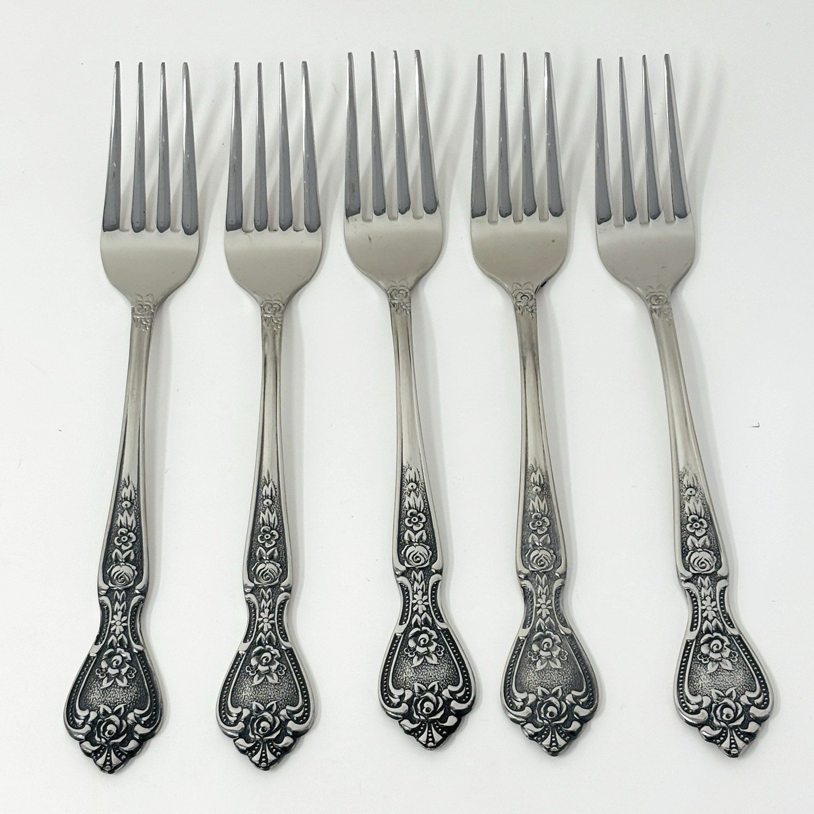5 Japan NORMANDY Stainless Flatware 6.5" Salad Fork Rose Design Flower