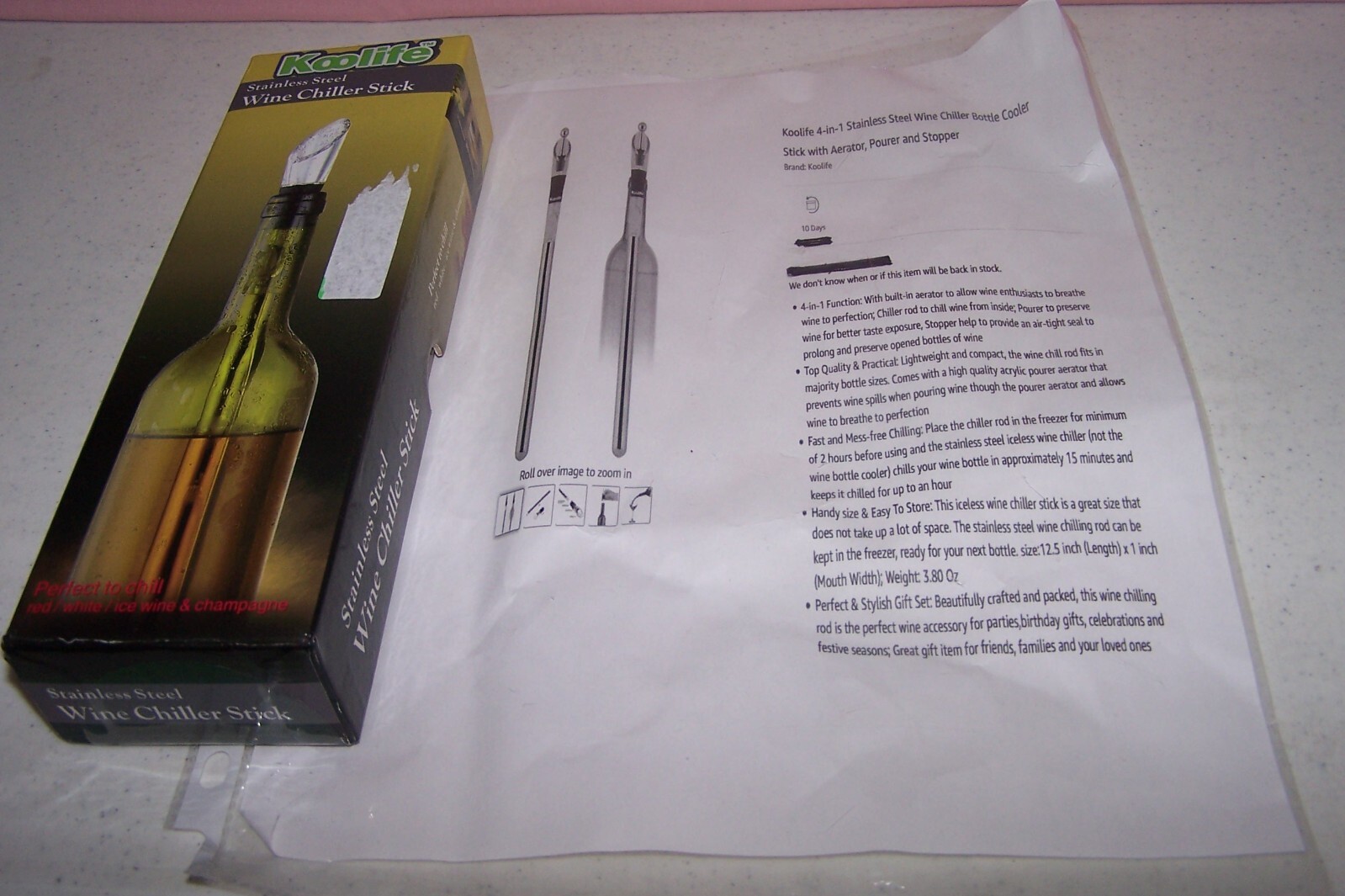 Koolife Stainless Steel Wine Chiller Stick Perfect to Chill NEW in Box