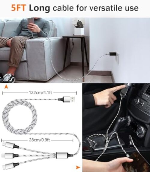 Multi Charging Cable, 5ft 3Pack Multi Charger Cable Nylon Braided Multiple USB