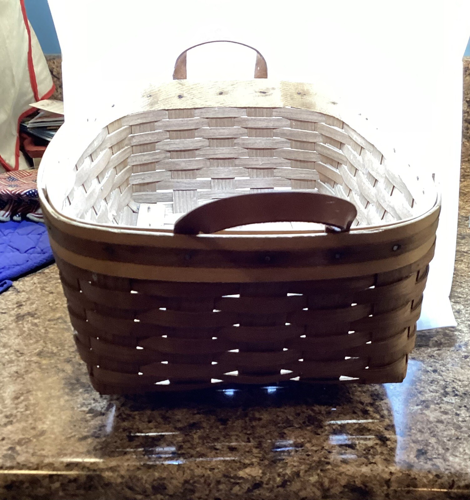 Hand Woven Rectangle Basket With Leather Handles, Signed, 2003