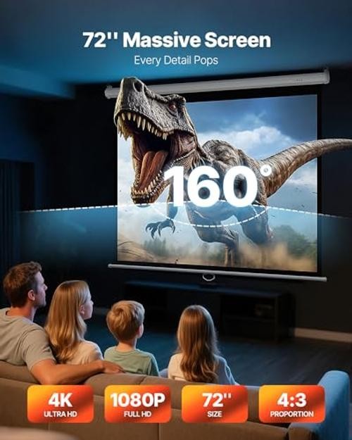 Manual Projector Screen, 72 inch 4:3 4K 1080 HD Retractable Pull Down WS72