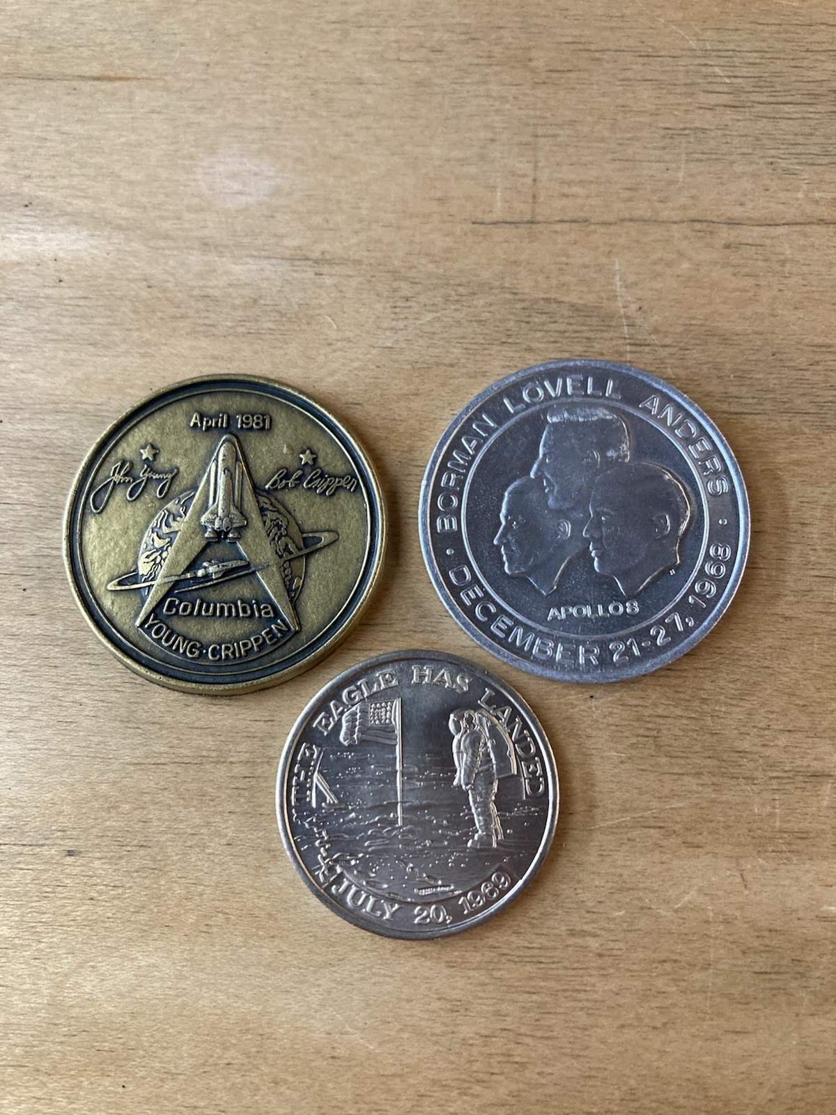 NASA Vintage Medallion Lot: Columbia STS-1 1981, Apollo 1969 Flown Metal