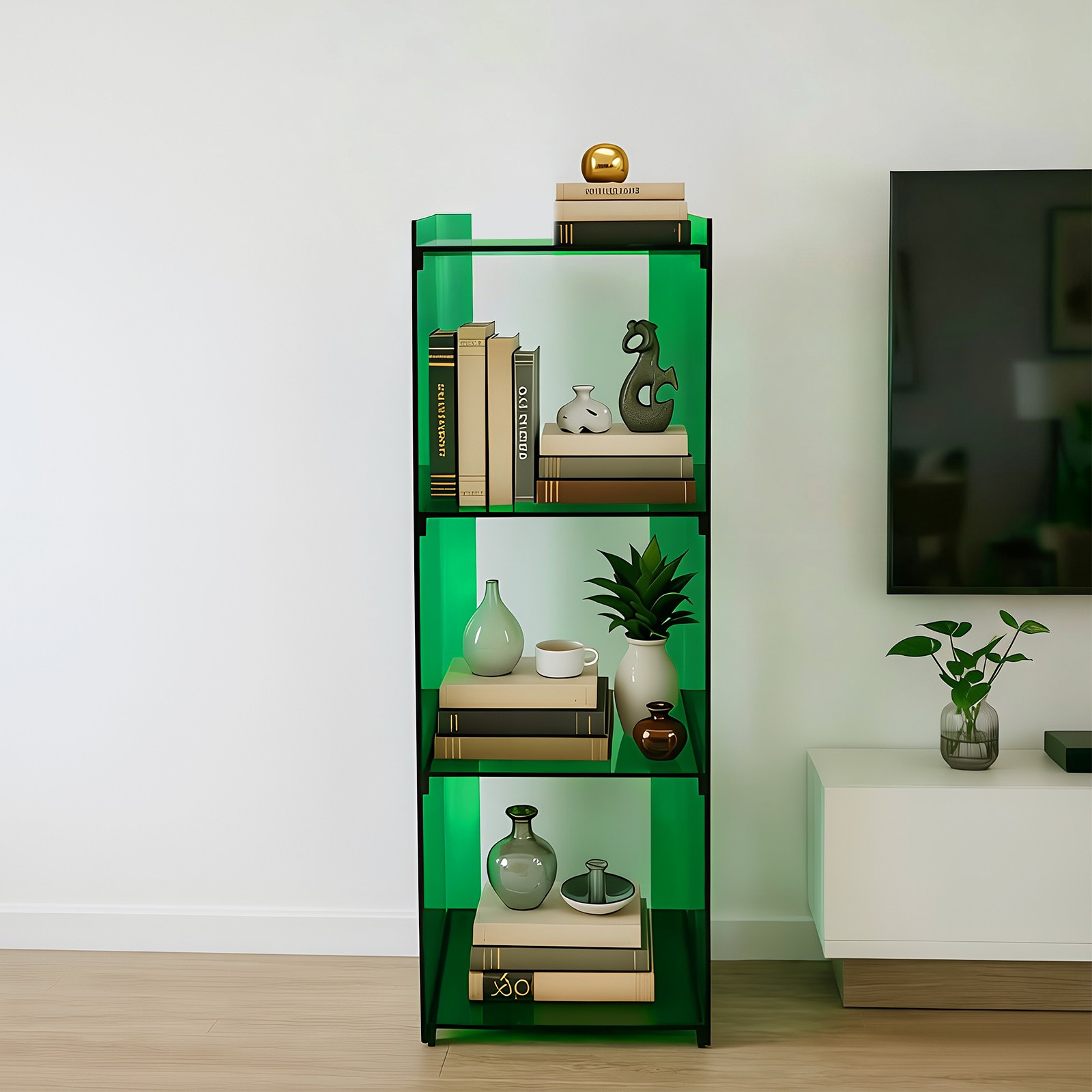 Modern Acrylic Bookcase 3 Tier Floor Standing Bookshelf 110*35*30cm Green