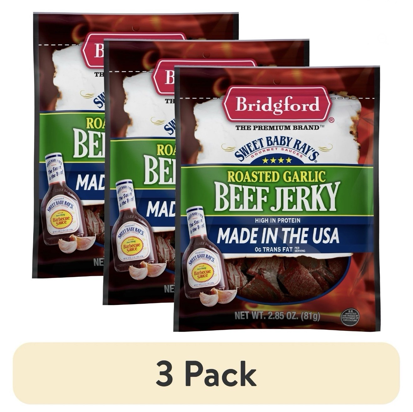 🤎🤎🤎 3 Bags Bridgford Beef Jerky Roasted Garlic Sweet Baby Ray  2.85oz  7/26