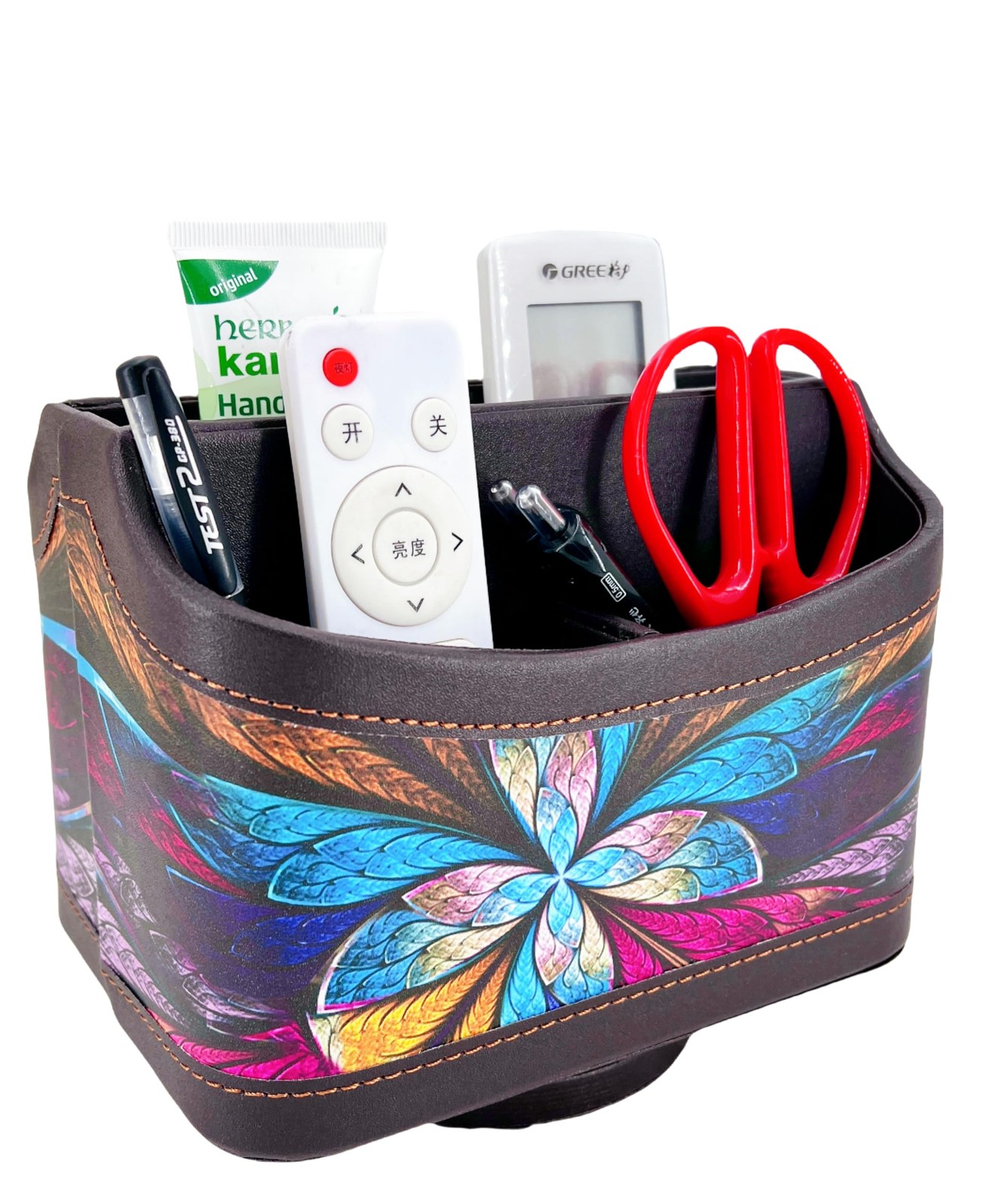 PU Leather Remote Control Holder,360 Degree Spinning Desk TV Remote Caddy,Des...