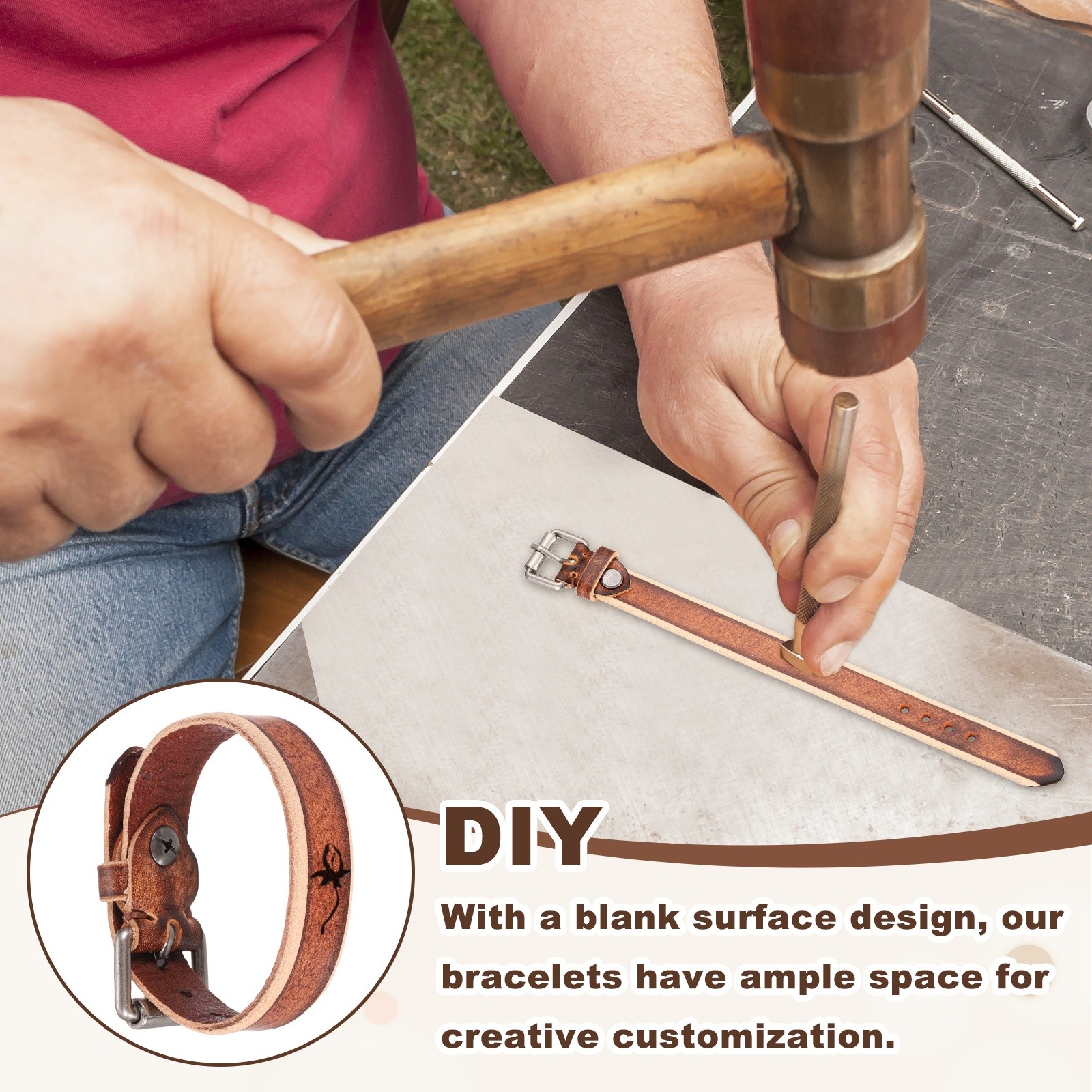 2Pcs Plain Leather Bracelets Buckle Bangle,Brown Punk Bracelets