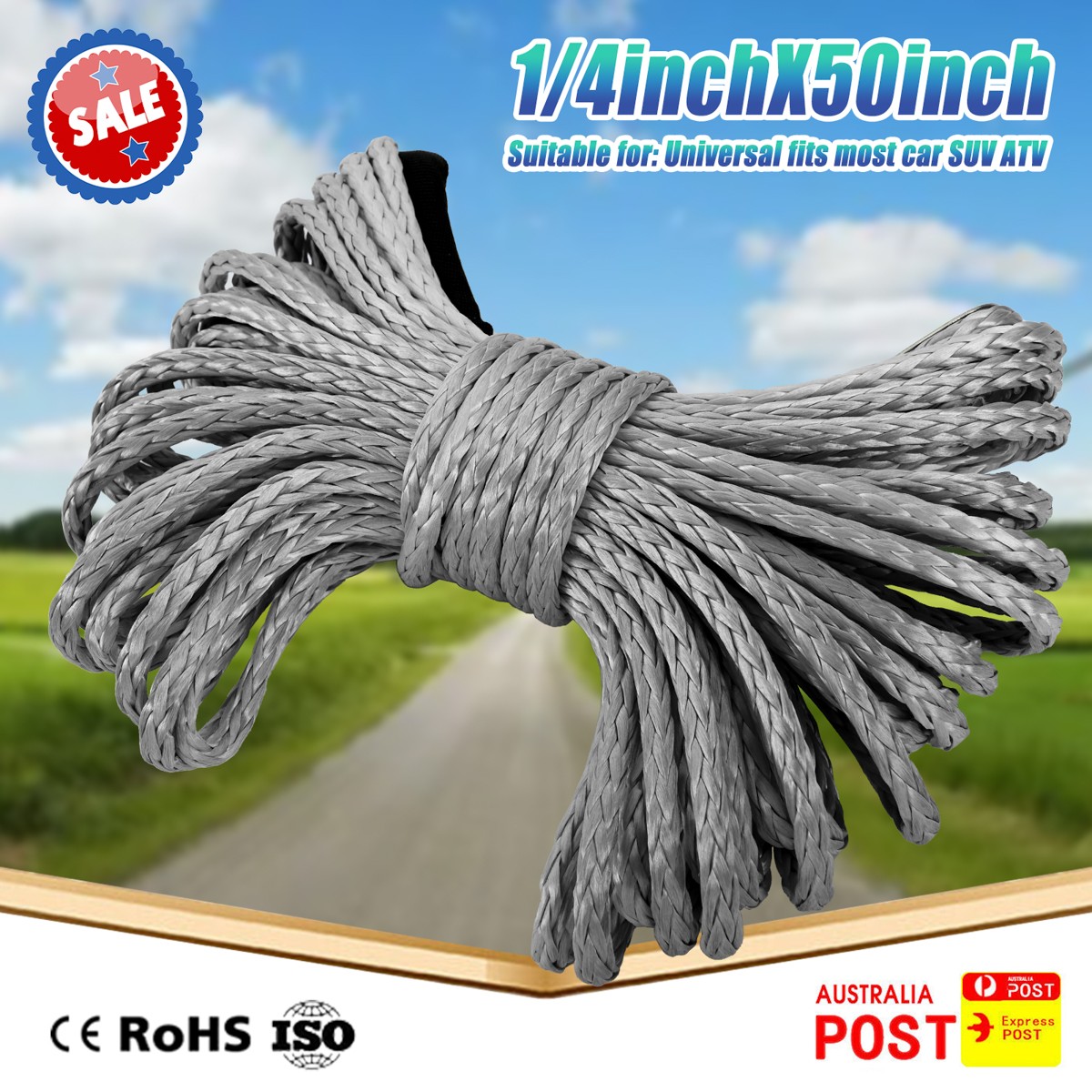 15m 10000LB Synthetic Winch Rope Line Recovery Steel Cable ATV UTV 1/4"x50'