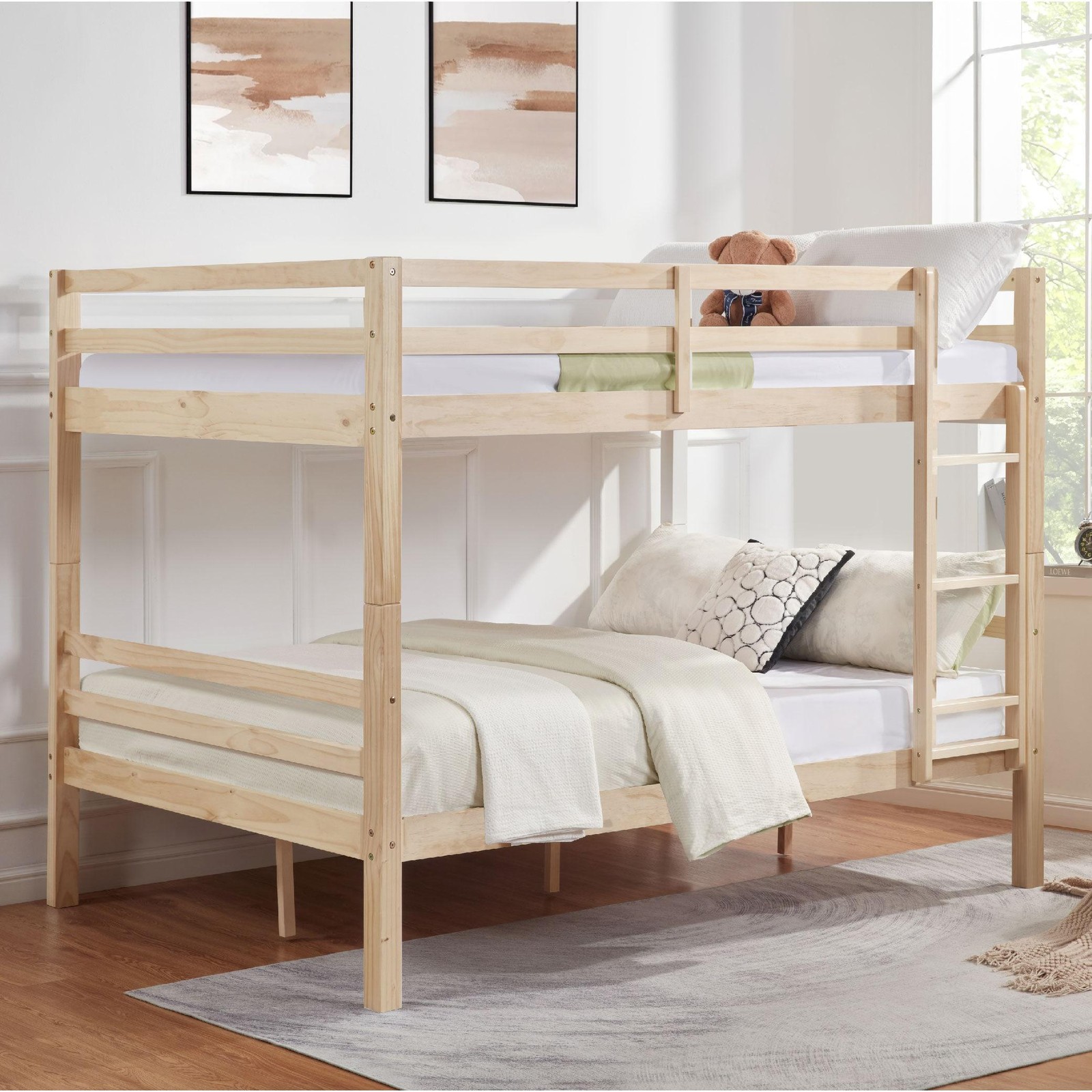 Wooden Bunk Bed with High Guardrail and Ladder for Children Safe and Reliable