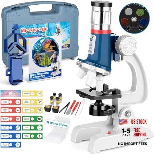58-Piece Kids Microscope Kit - 100X-1200X Magnification, Metal Body, LED Blue