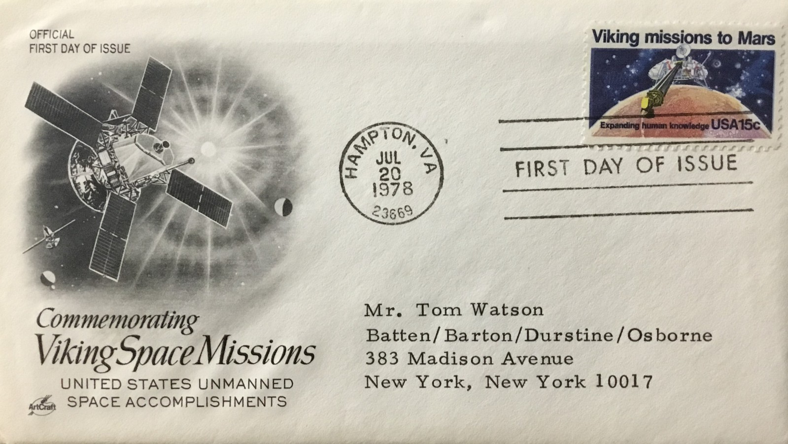 United States First Day Cover Stamp Envelope Viking Space Missions