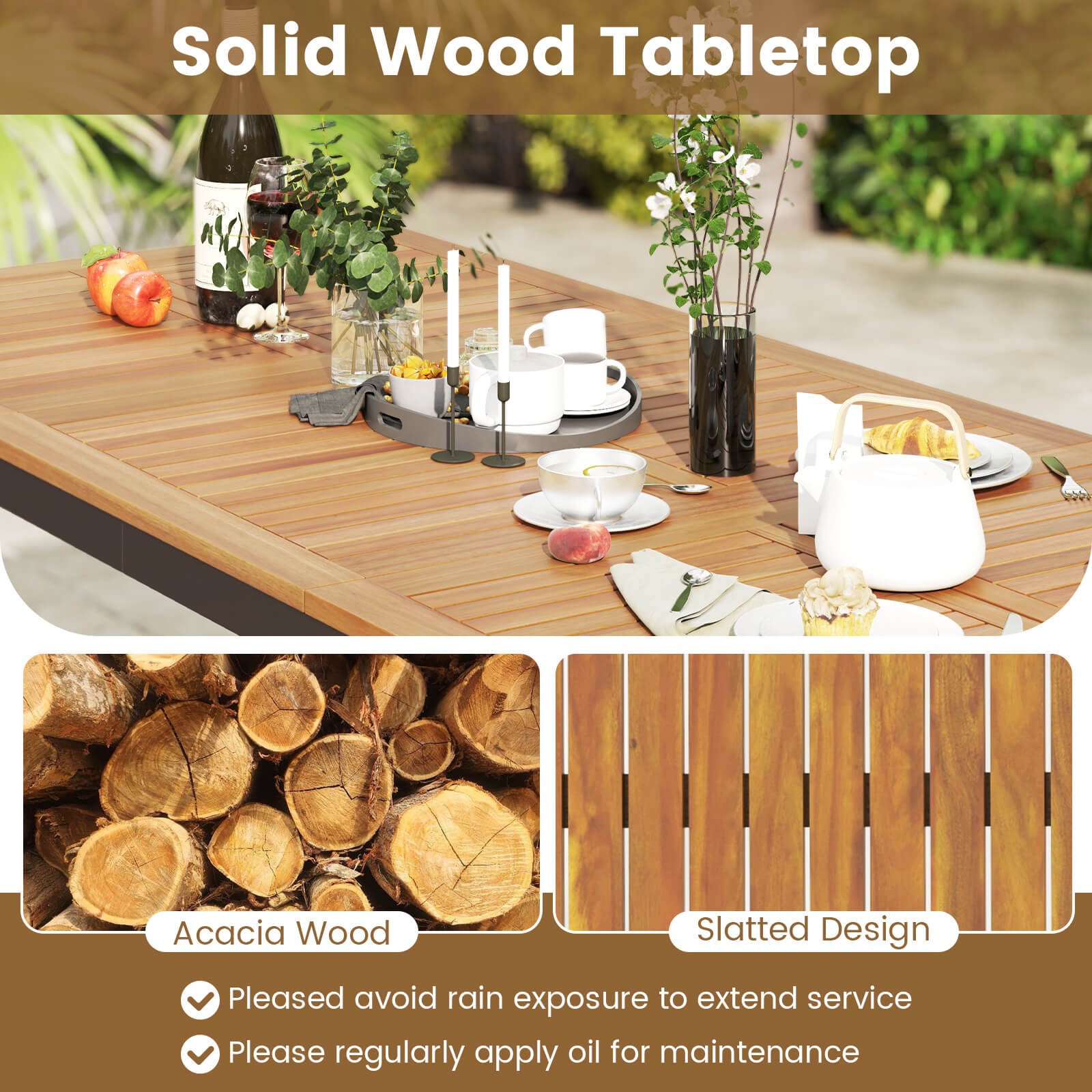9-Piece Outdoor Patio Furniture w/ Large Wooden Tabletop & Umbrella Hole
