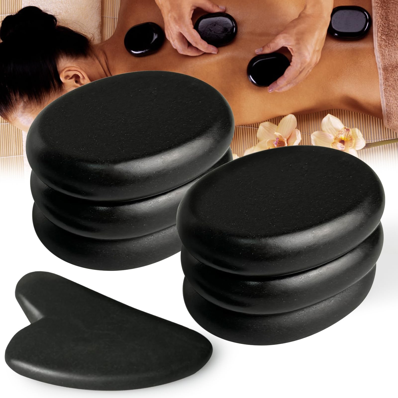 HDYAR 7 Pieces Hot Stones Massage Set - 6 Large Oval 6 Oval+1 Guasha, Black