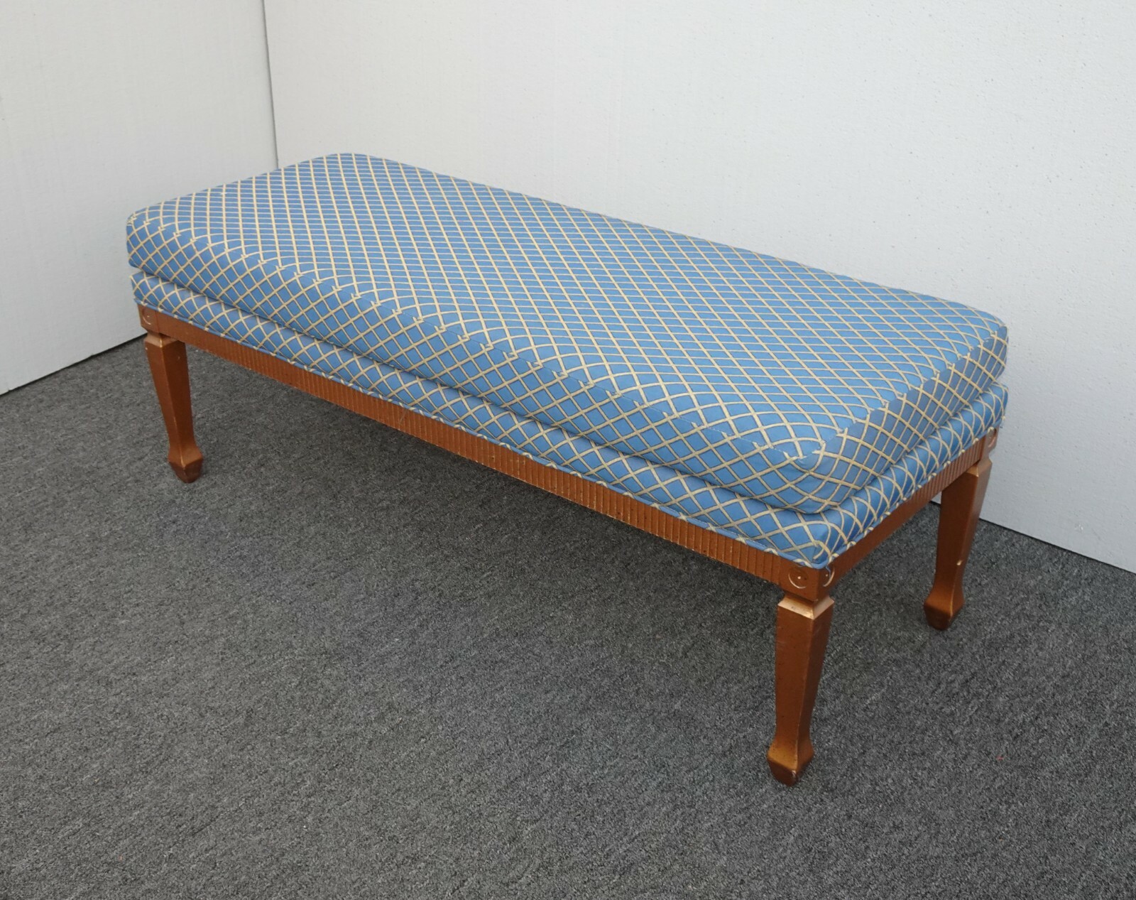 Vintage French Country Gold Bench w Blue Diamonds Fabric~ Hollywood Regency 1of2