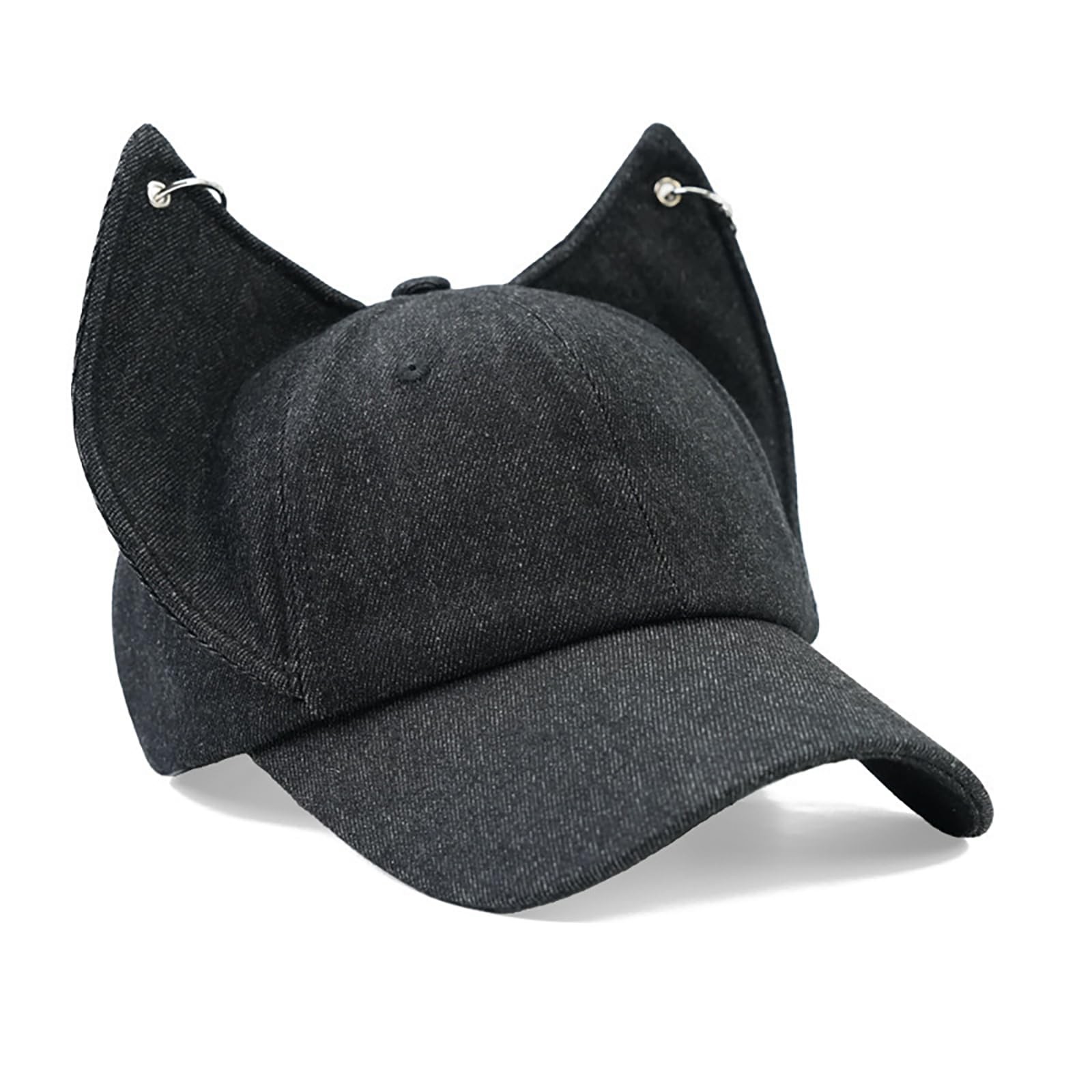 Fox Ears Hat with Metal Ring Cute Denim Baseball Cap Medium-Large, Black
