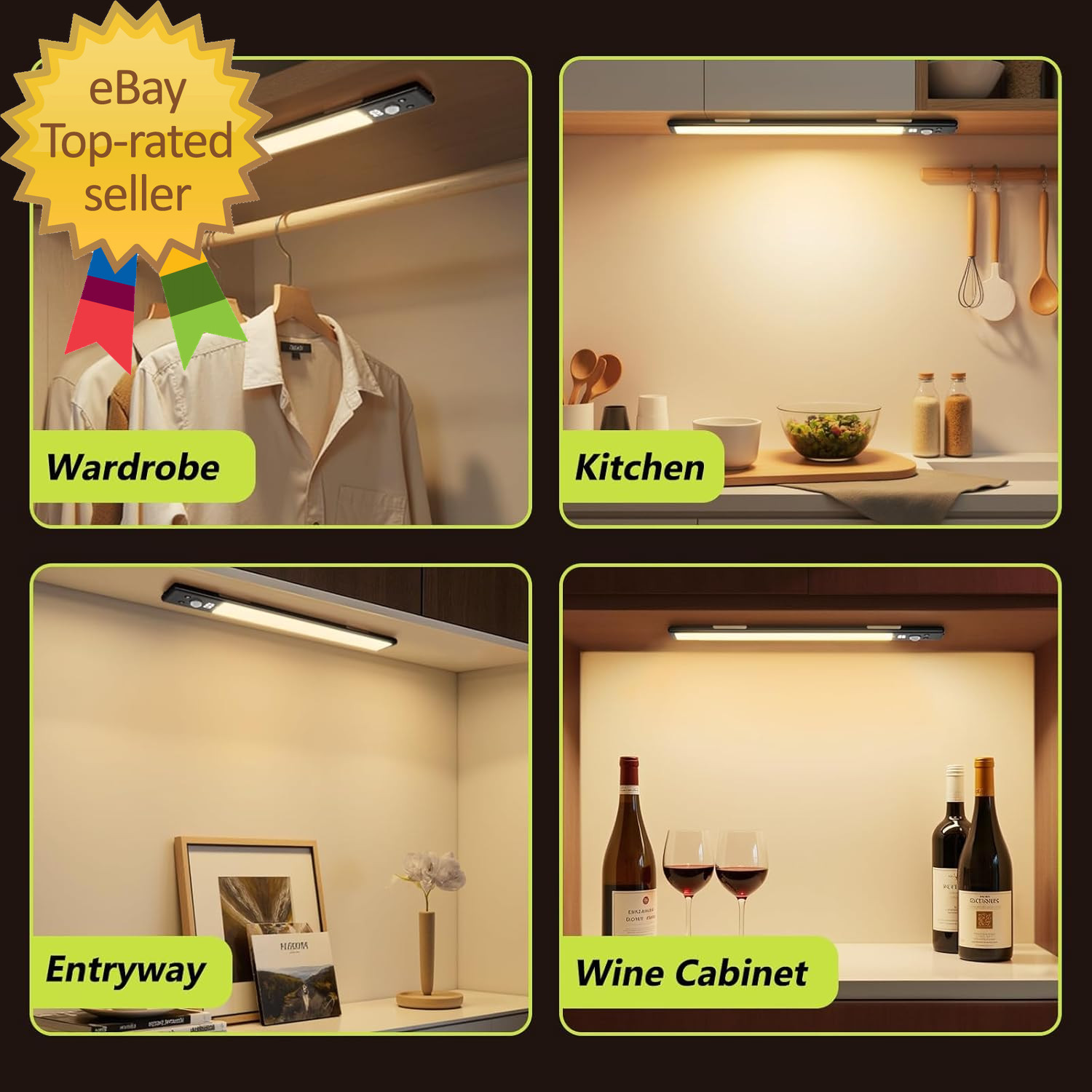 4 Pack 10 under Cabinet Lights with Digital Display 52 LED Rechargeable Motion