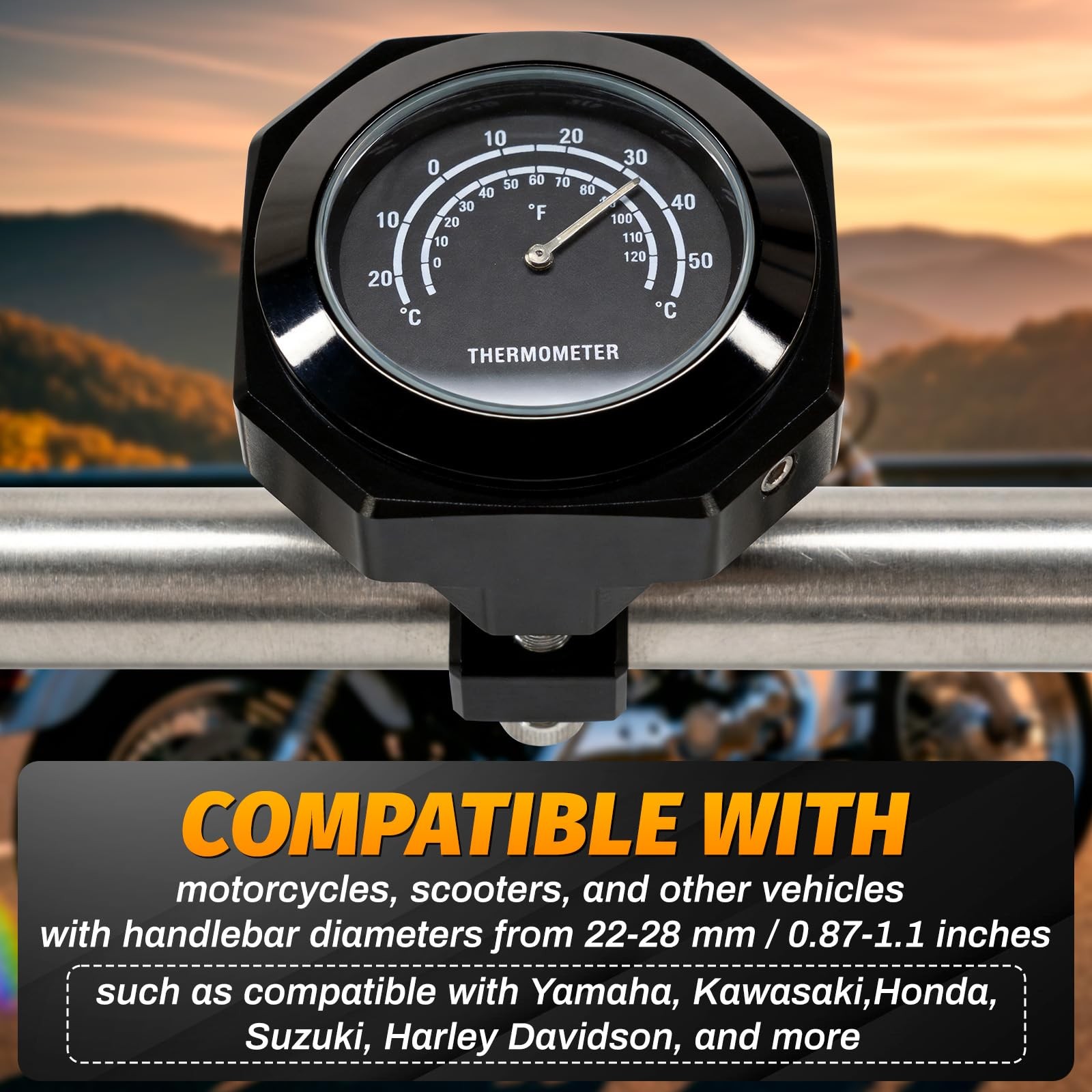 Motorcycle Handlebar Thermometer, Waterproof, Luminous, Alloy, Temperature Indicator...