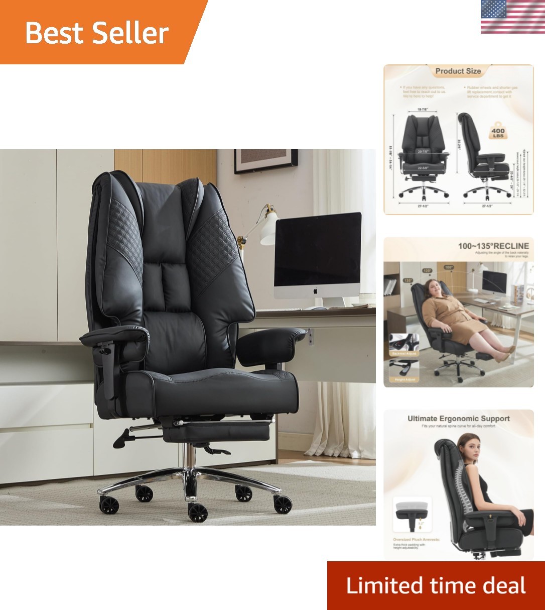 Big and Tall Office Chair 400lbs Wide Seat, Leather High Back Executive Offic...