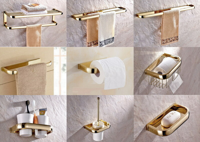Gold Color Brass Bathroom Accessories Set Series Towel Rack Bar Wall Mounted