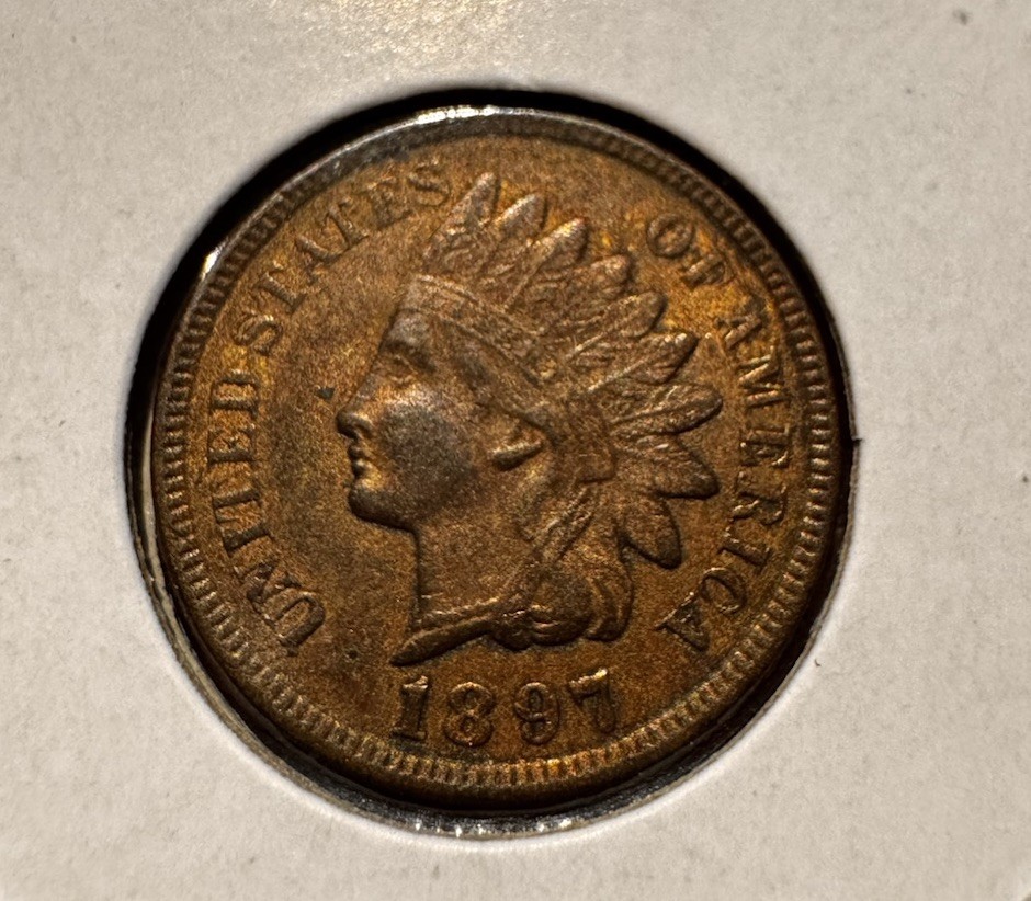 1897 INDIAN CENT AU++  BN/RB W/ Luster, Slight Alloy Mix Reverse - Nice Detsils!