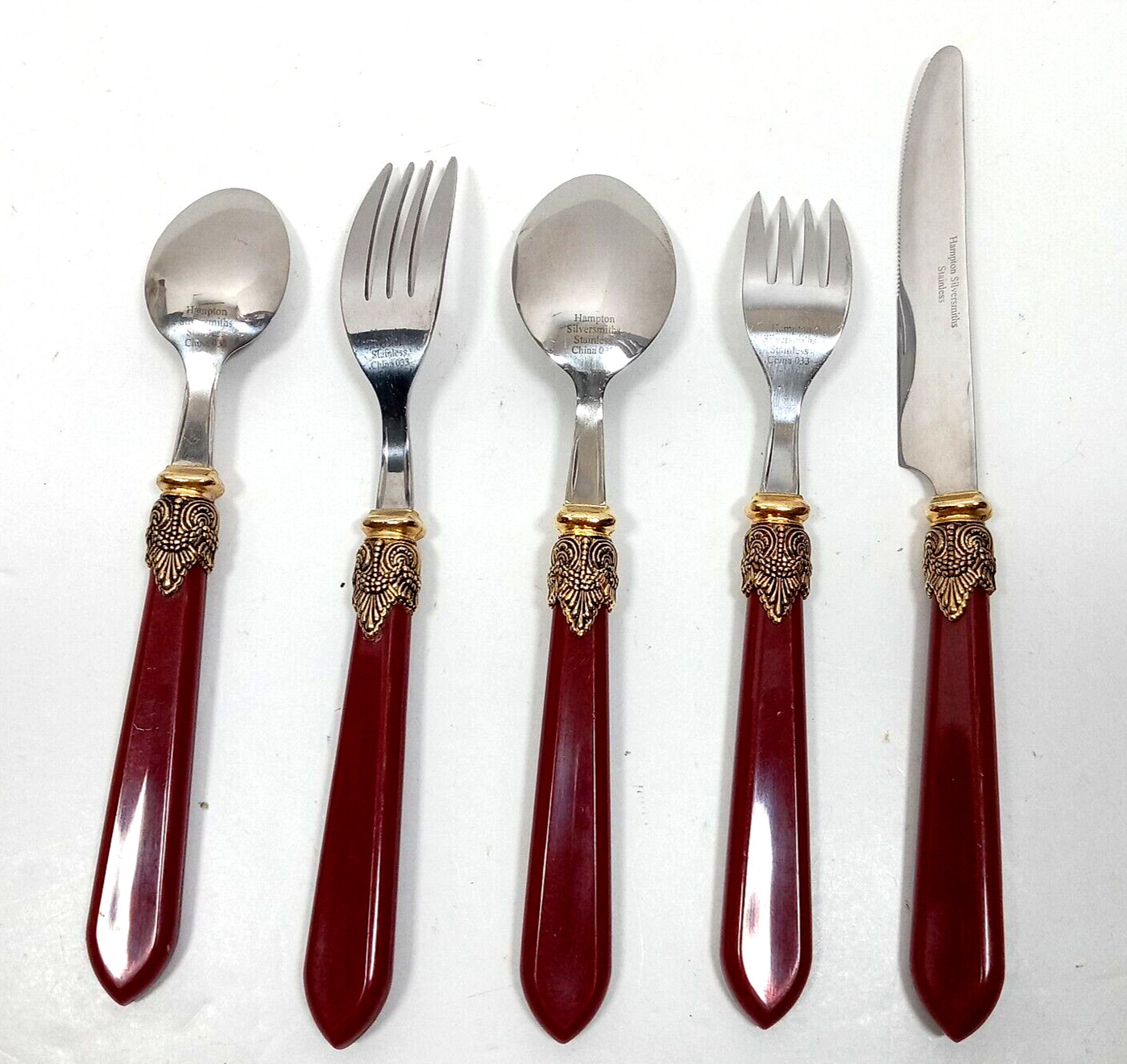 Hampton Silversmiths Stella Red Stainless Flatware 5 Piece Place Setting Retired