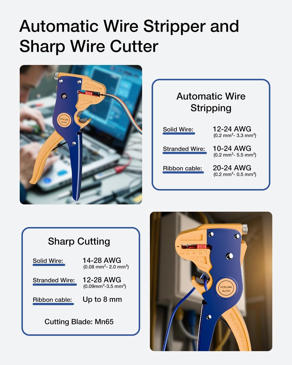 Automatic Wire Stripper and Cutter, 2 in 1 Adjustable Quick Strip Tool, Blue