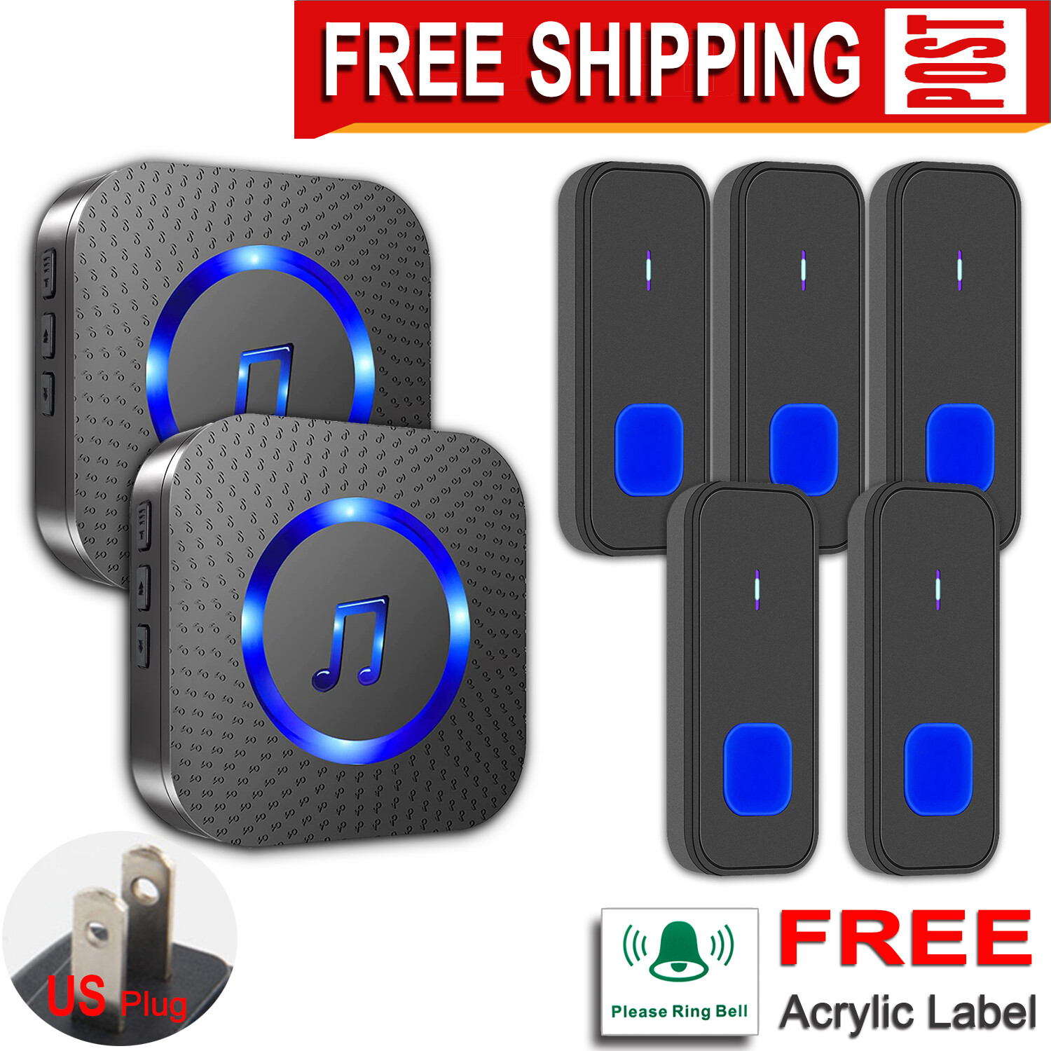 Black,Waterproof,Level 5 volume,55 Chimes,5 transmitters + 2 Cordless Doorbells