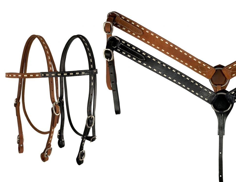 Buck Stitched Leather Browband Headstall & Breastcollar SET & Reins NEW