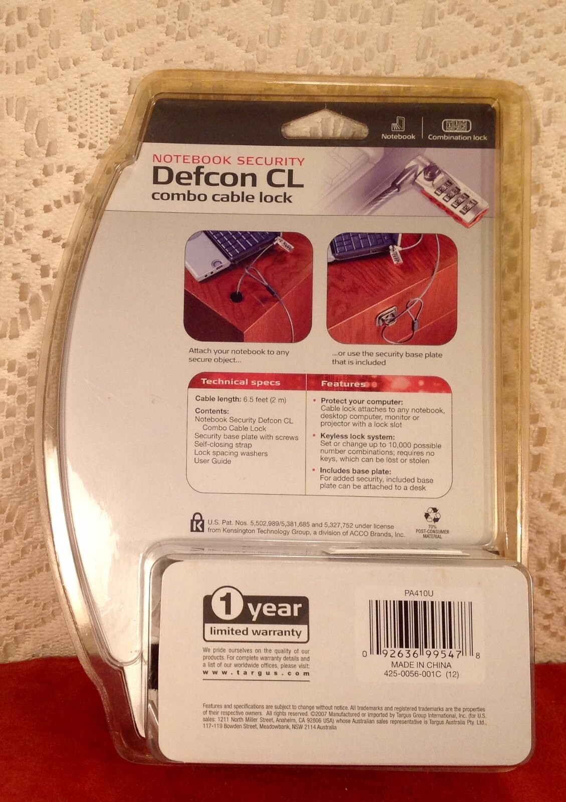 TARGUS Notebook Security Defcon CL Combo Cable Lock 6.5' Cable Length