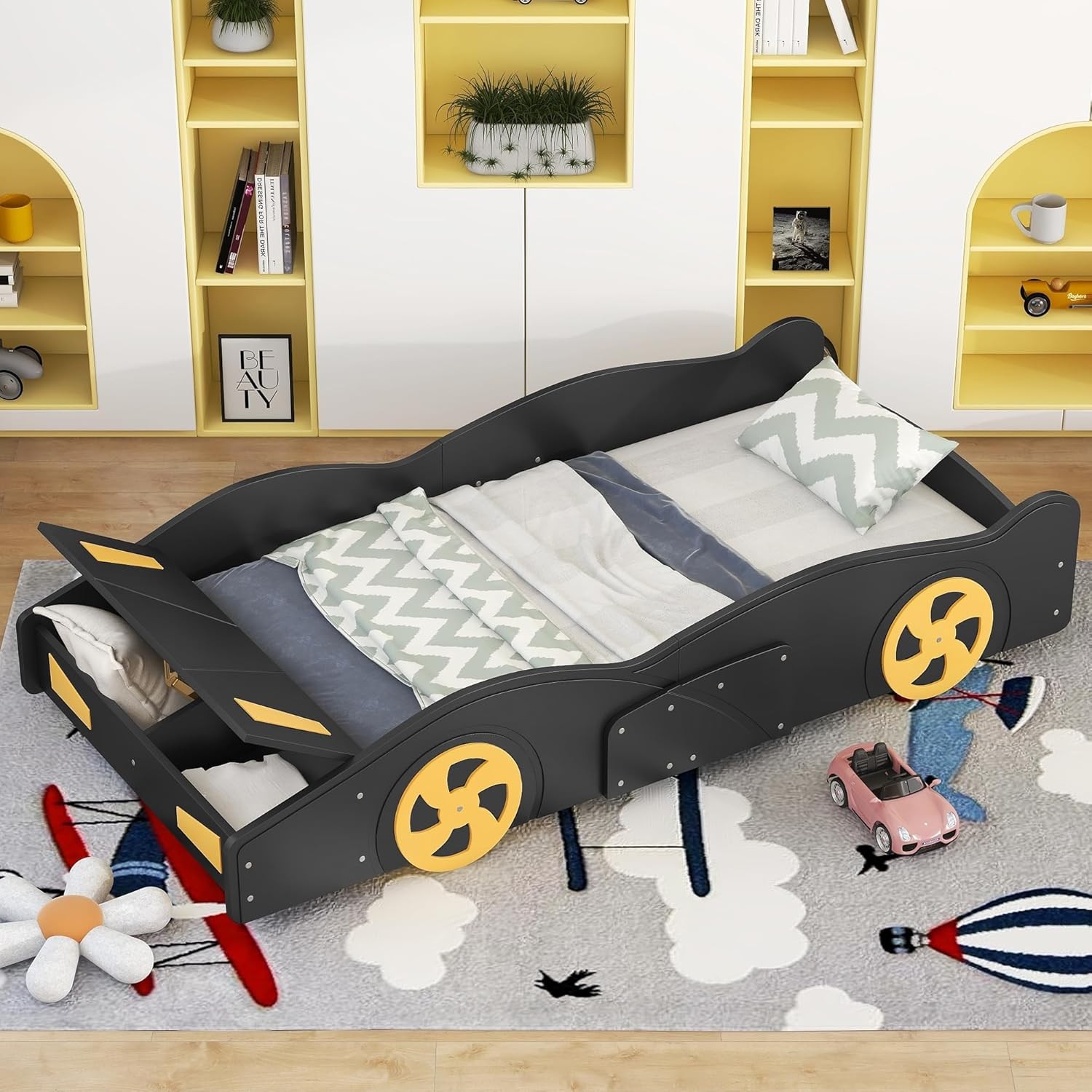 Twin Race Car Shaped Platform Bed with Wheels Black Yellow