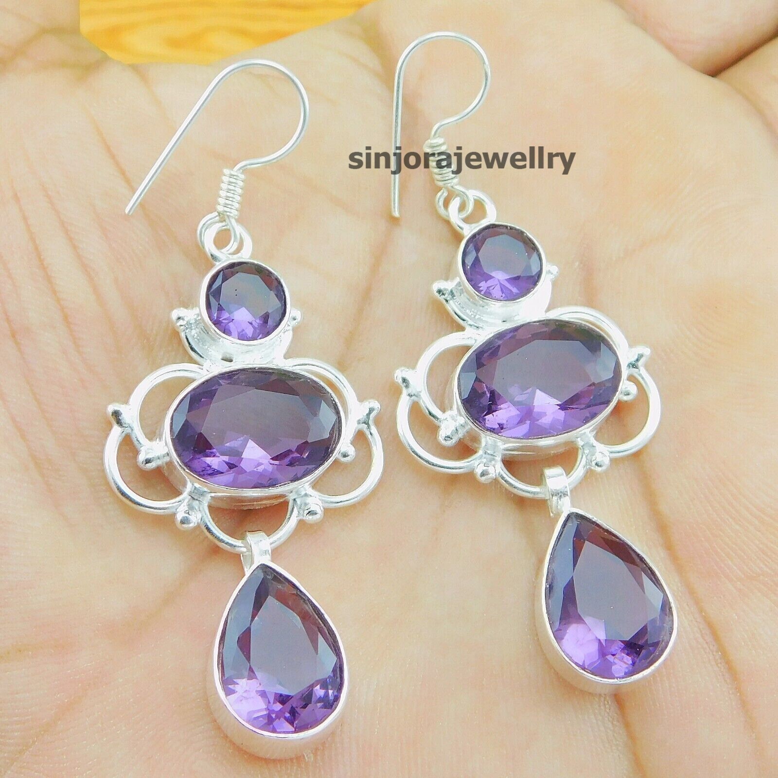 Amethyst Gemstone 925 sterling silver handmade Dangle/Drop Earrings 2.50"