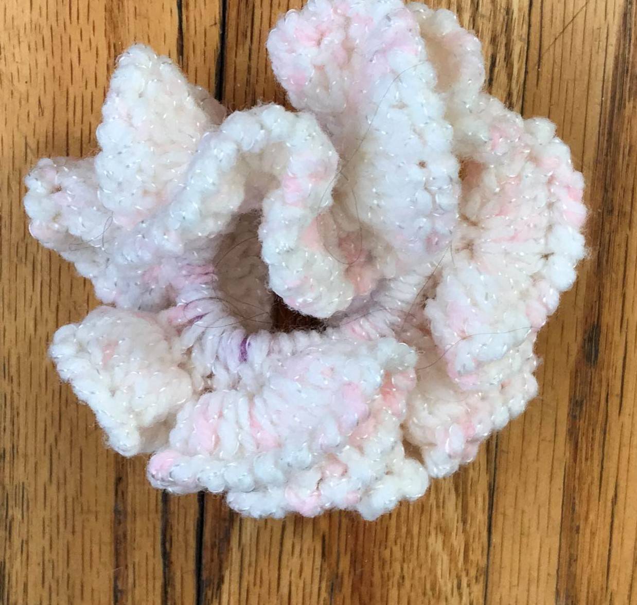 Handmade Crocheted Crochet Hair Scrunchie - Lt. Pink/ White Acrylic- Handmade