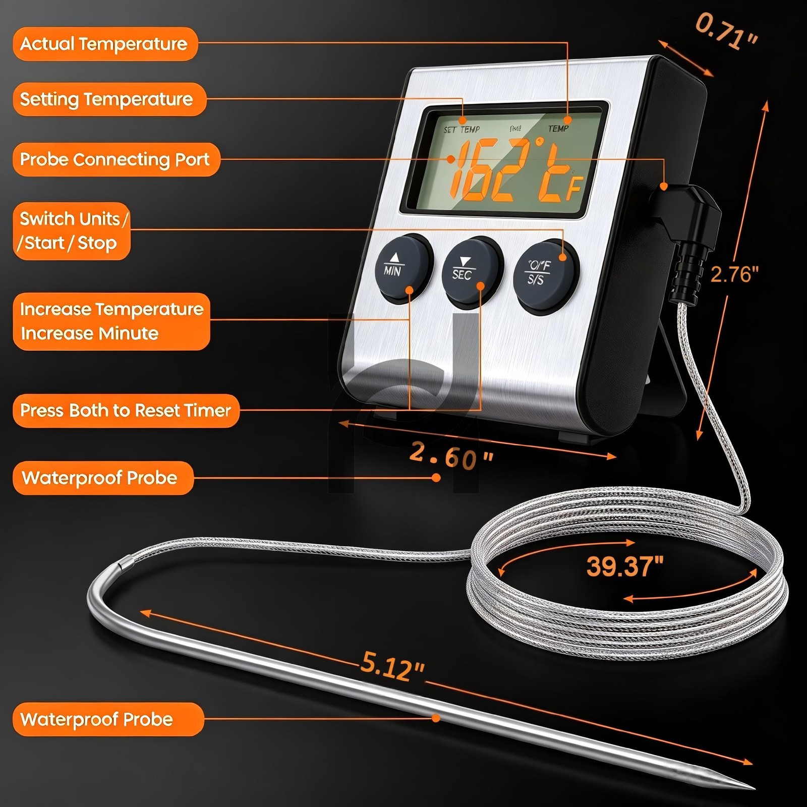 Digital Cooking Meat Thermometer With Timer Probe For Kitchen BBQ Roasting